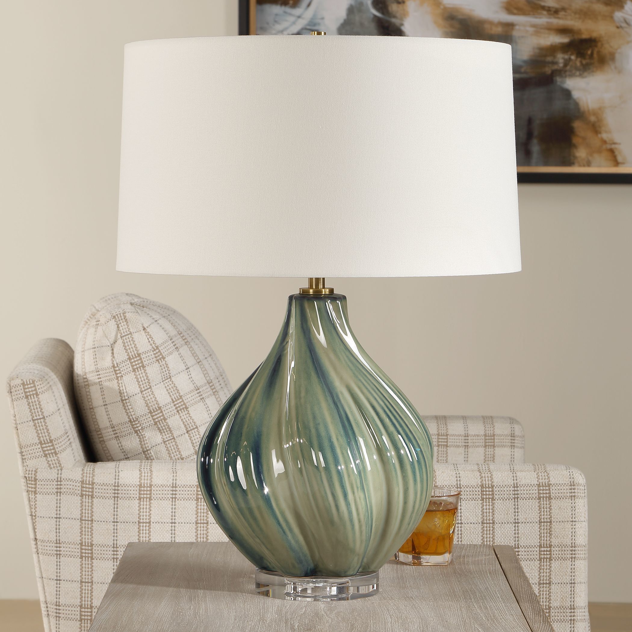 Tausha 25.5 inch 150 watt Greens And Blue Tones with Crystal and Antique Brass Table Lamp Portable Light