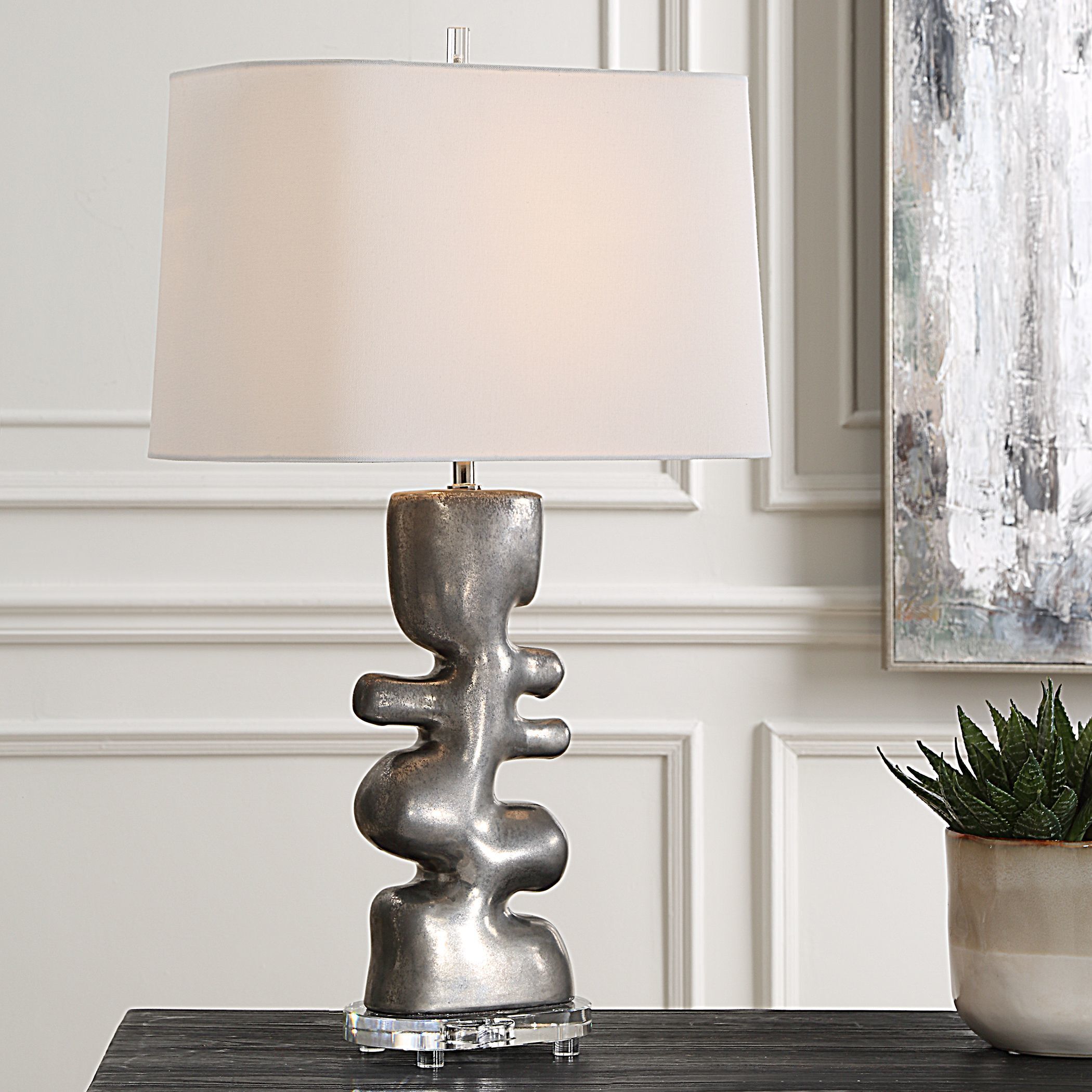 Free Flowing 28.5 inch 150.00 watt Tarnished Nickel Glaze and Clear Crystal Table Lamp Portable Light