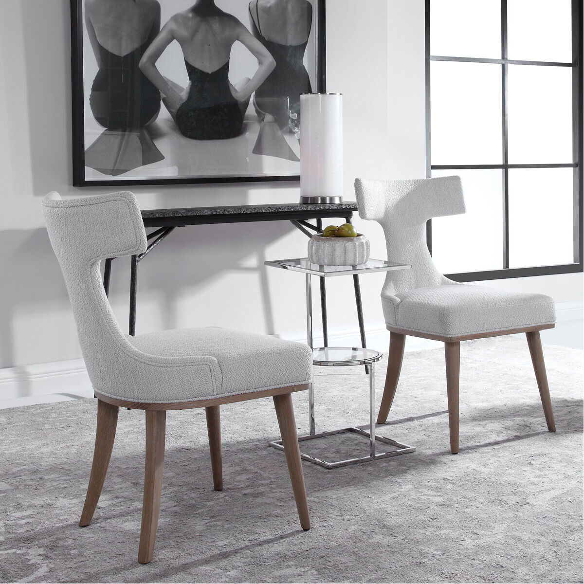 Klismos Textured Off-White Fabric and Natural Oak Accent Chairs, Set of 2