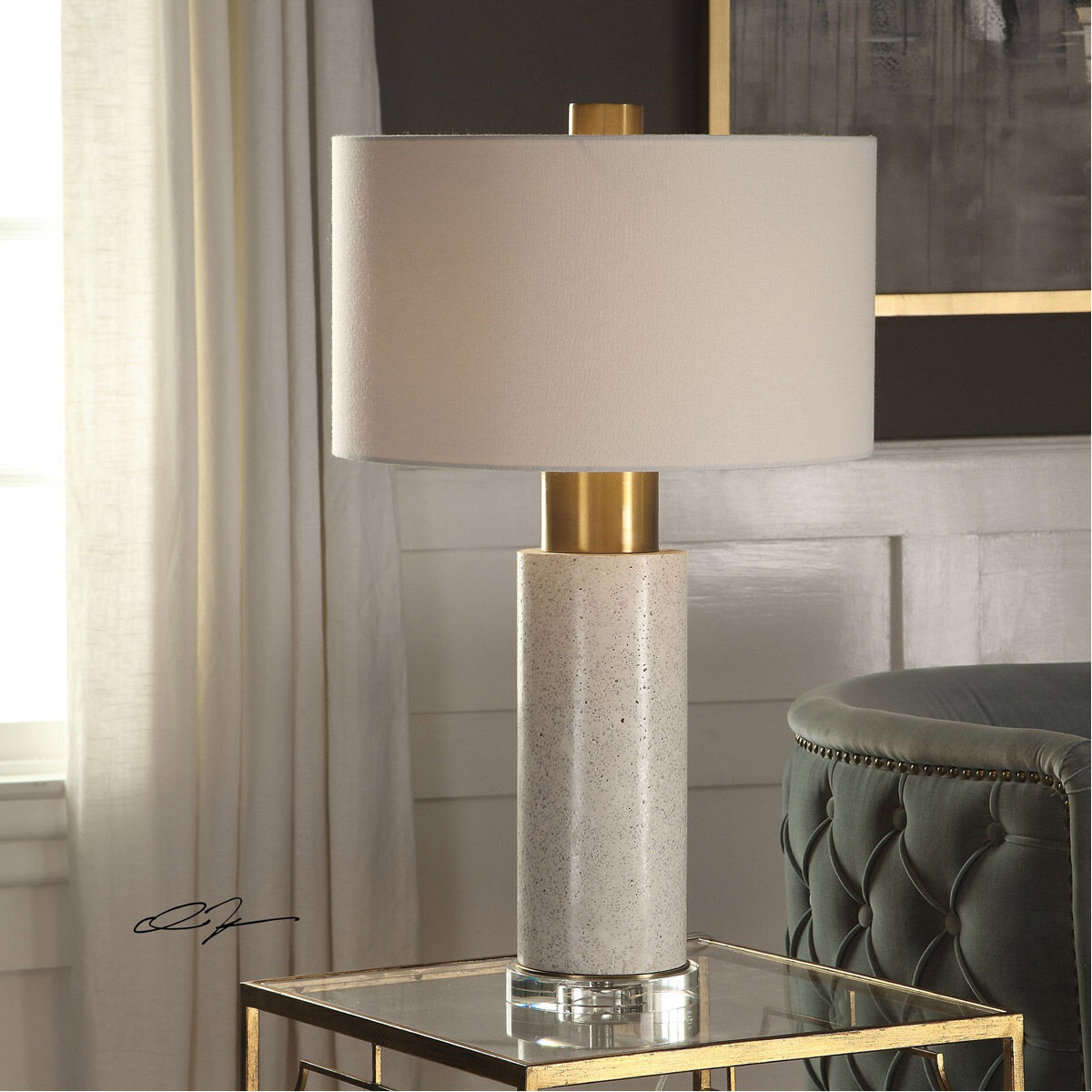 Vaeshon 29 inch 150 watt Bleached Washed Concrete and Brushed Brass Table Lamp Portable Light