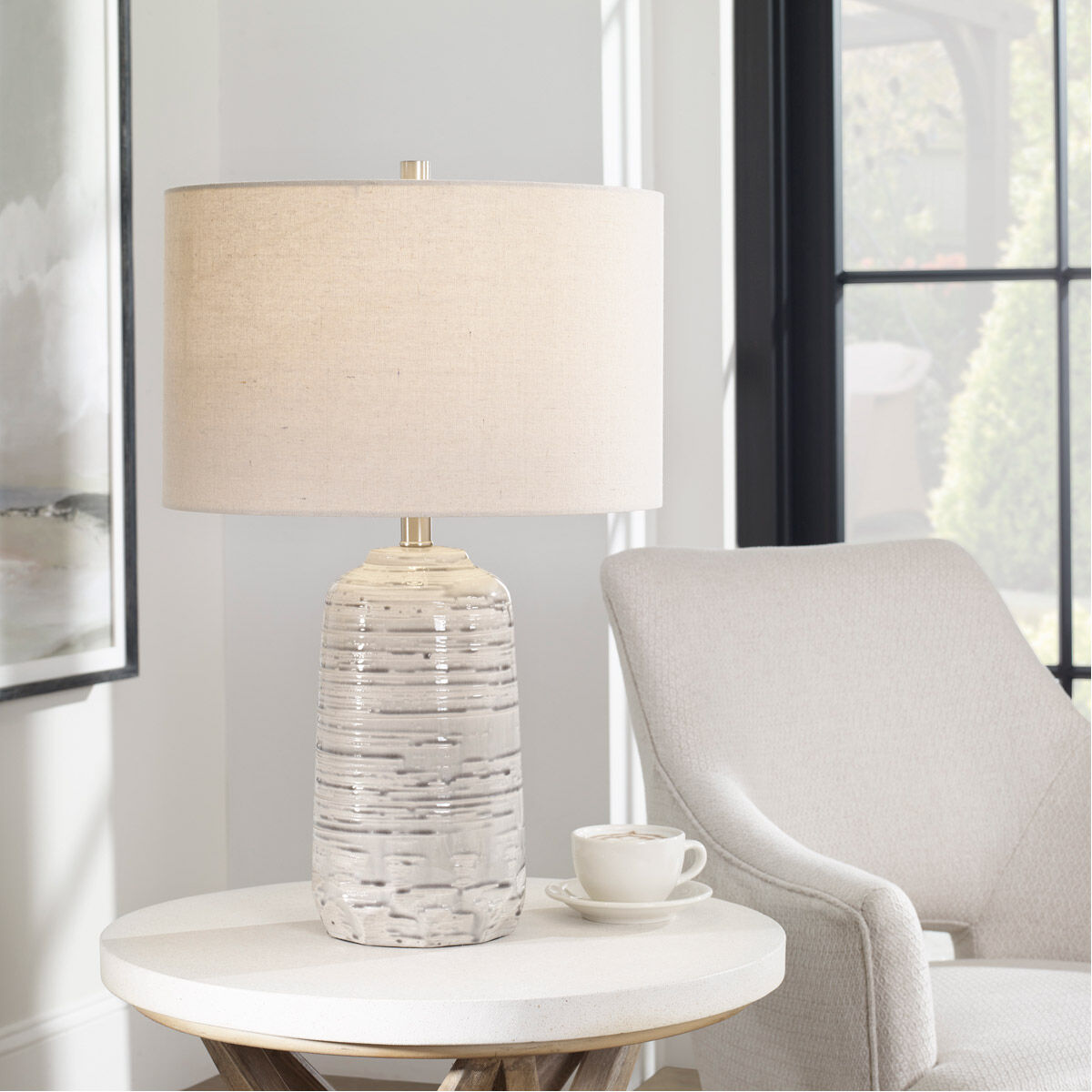 Cyclone 25 inch 150.00 watt Ivory Glaze with Striped Gray Drip Table Lamp Portable Light