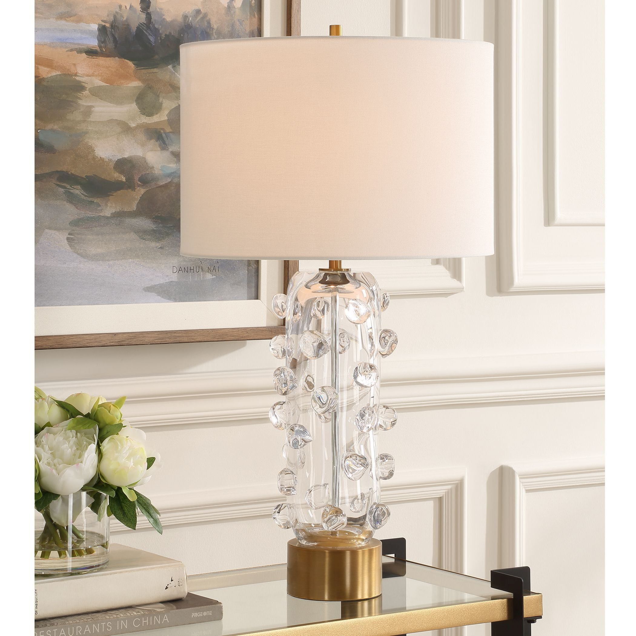Aura 27.75 inch 150 watt Clear Glass and Brushed Brass Table Lamp Portable Light