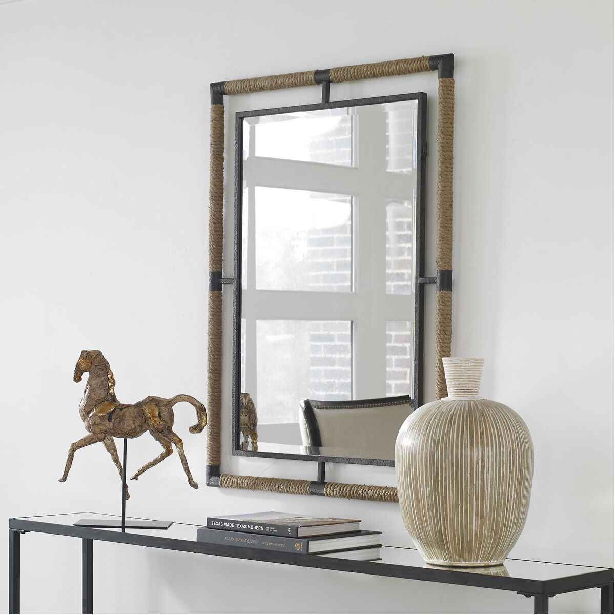Melville 38 X 28 inch Textured Rust Black and Natural Rope Wall Mirror