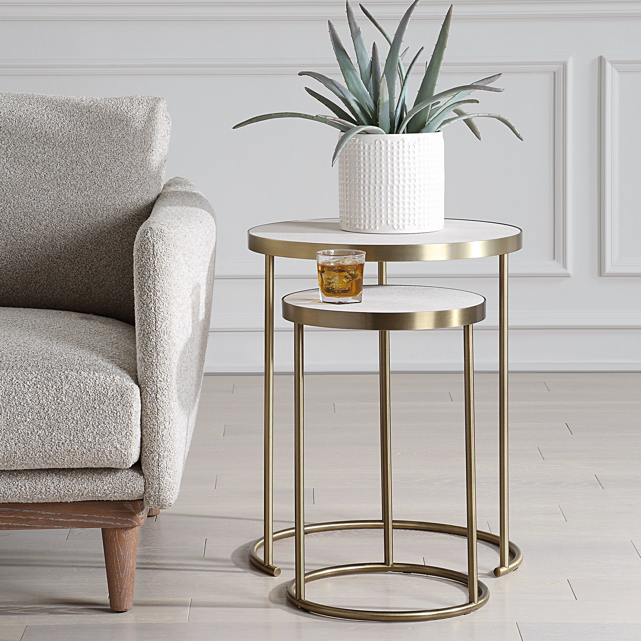 Aragon 24 X 19.5 inch Brass Plated and Faux White Shagreen Nesting Tables, Set of 2