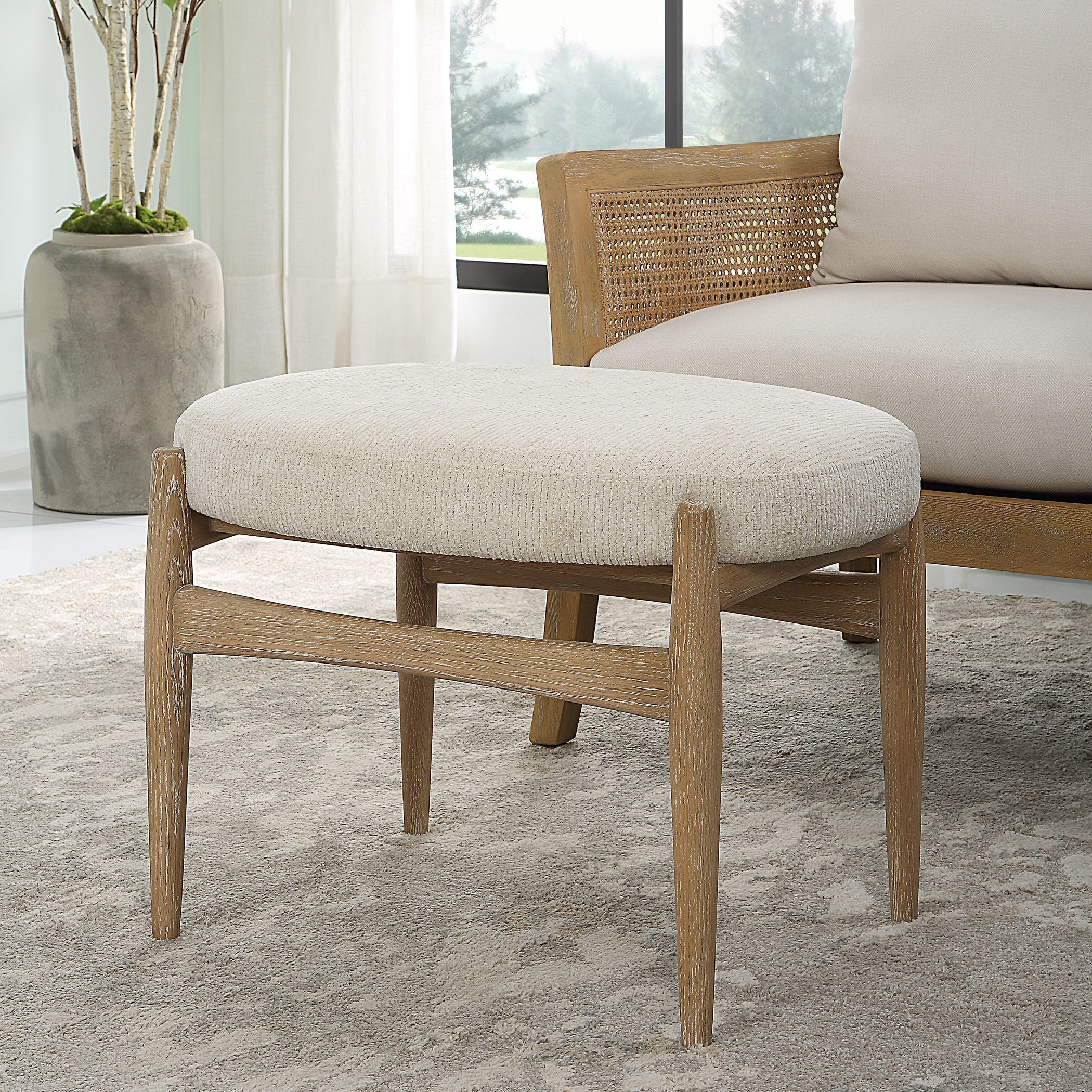 Acrobat Off White Glazed Natural Oak and Off-White Fabric Bench