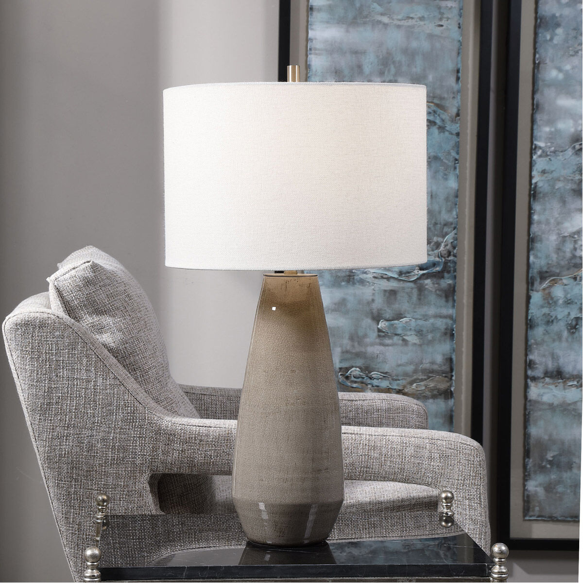 Volterra 27.5 inch 150 watt Crackled Taupe-Gray and Antique Brushed Brass Table lamp Portable Light