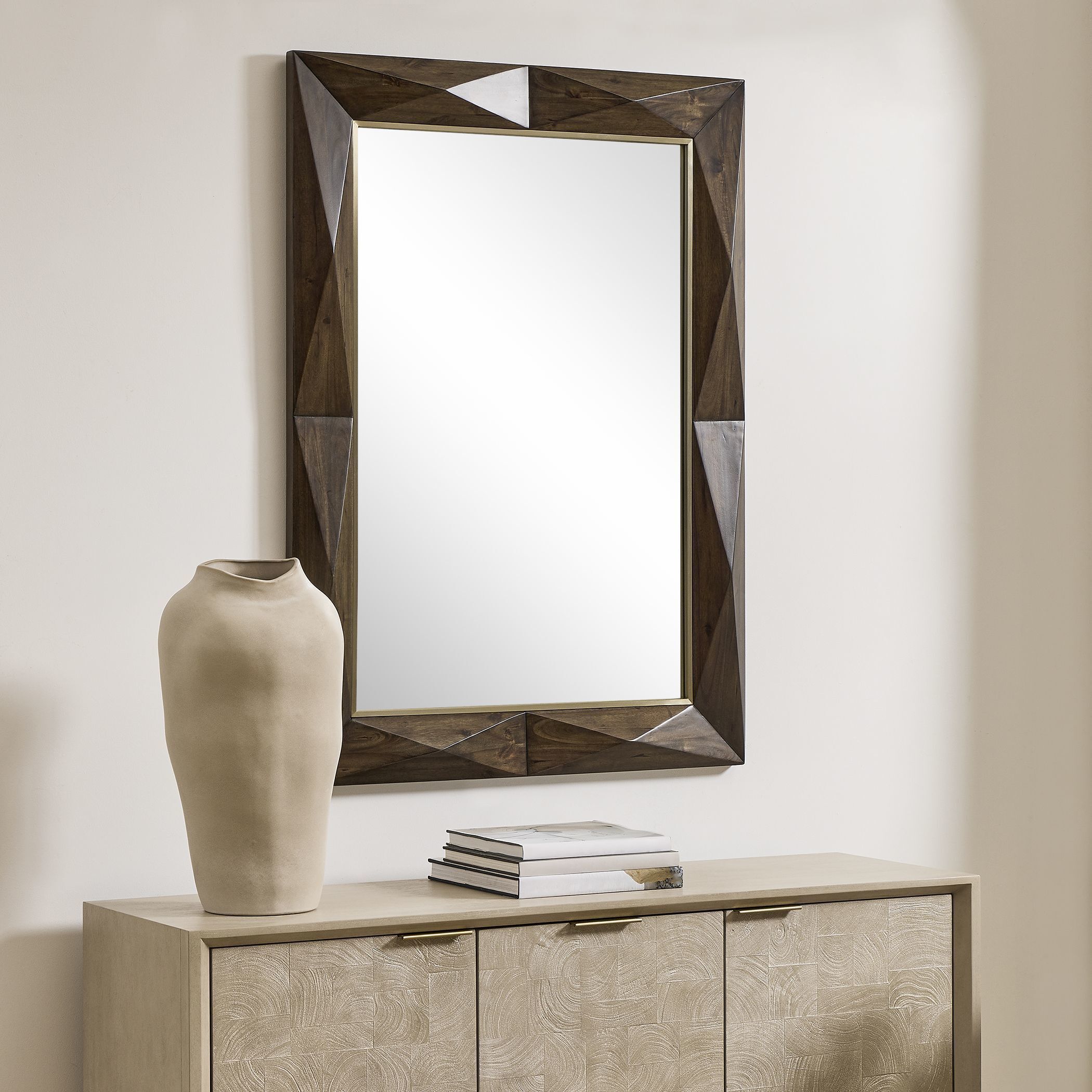 Diamond In The Rough 45 X 33 inch Dark Walnut Stain and Brass Mirror