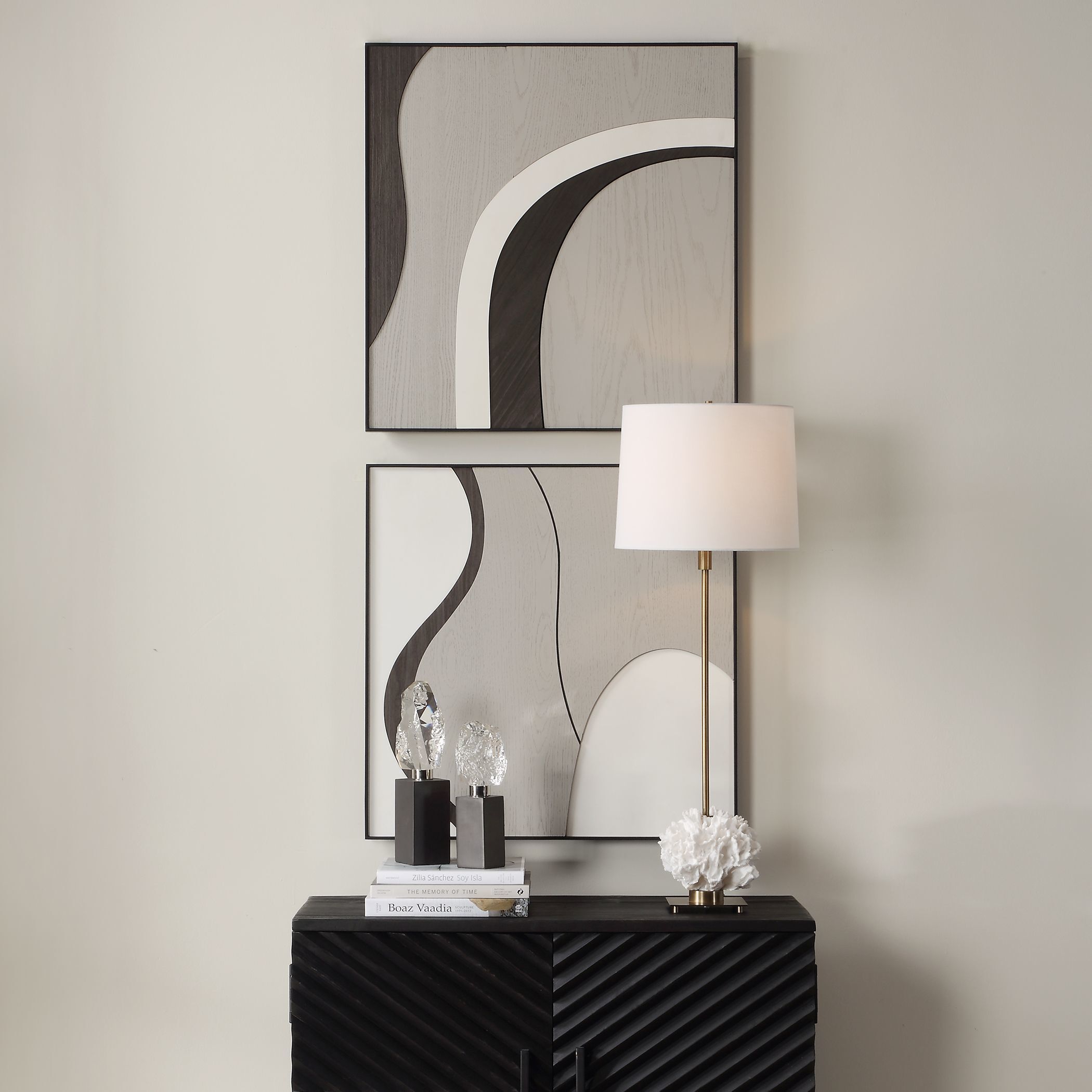 Joel Grey and White and Walnut Wall Art, Set of 2