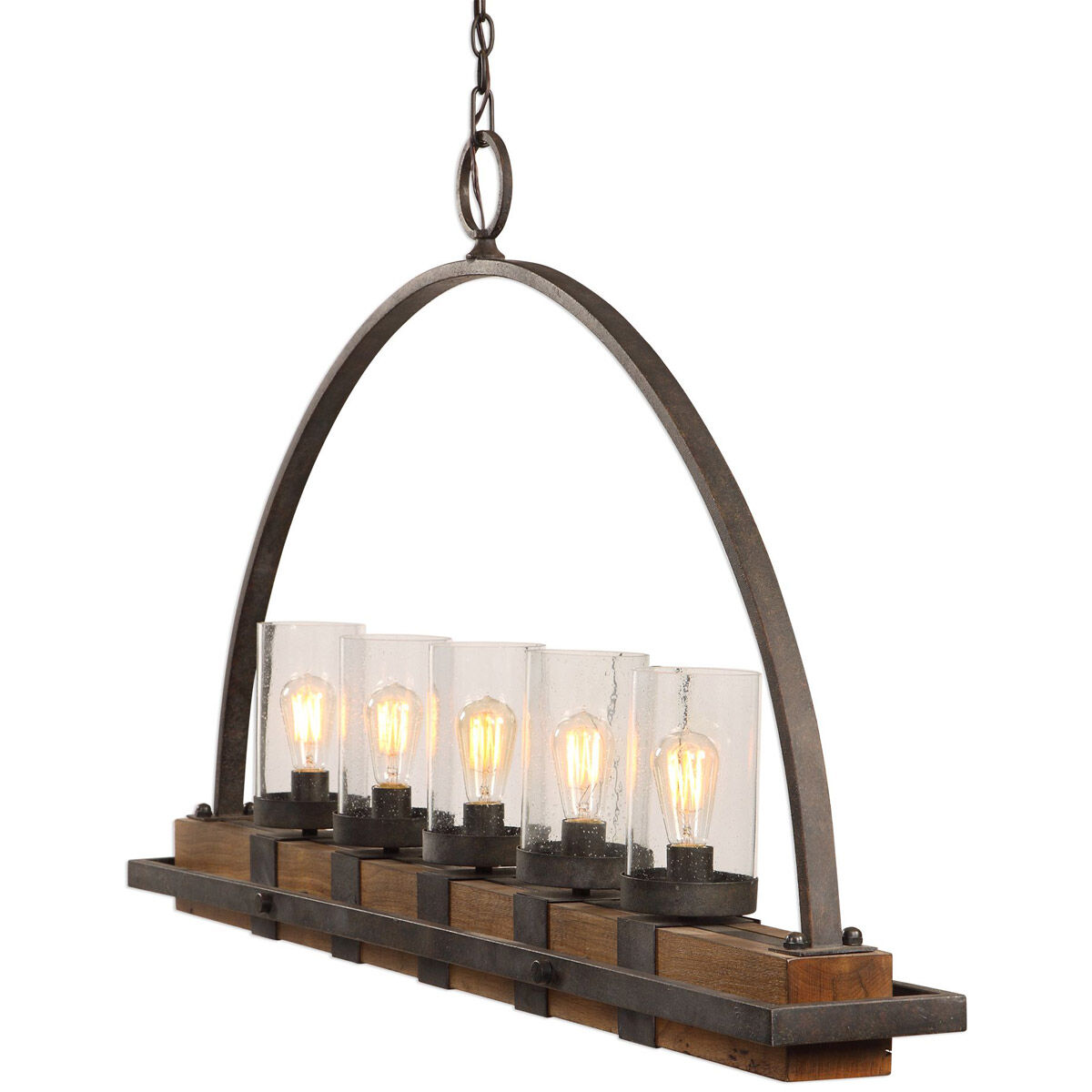 Atwood 5 Light 51 inch Real Wood and Weathered Bronze Linear Pendant Ceiling Light