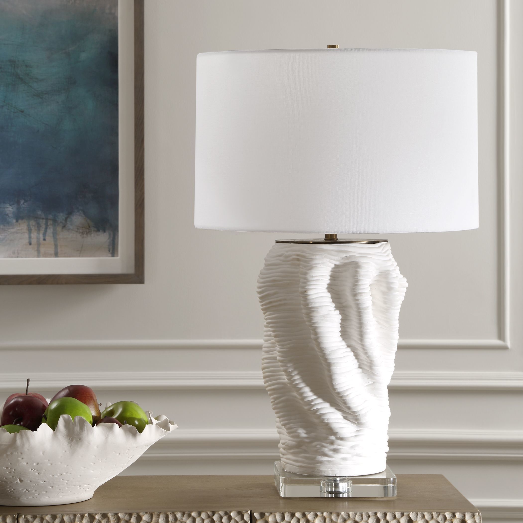 Stratified 28 inch 150.00 watt Matte White Glaze with Brass and Crystal Table Lamp Portable Light