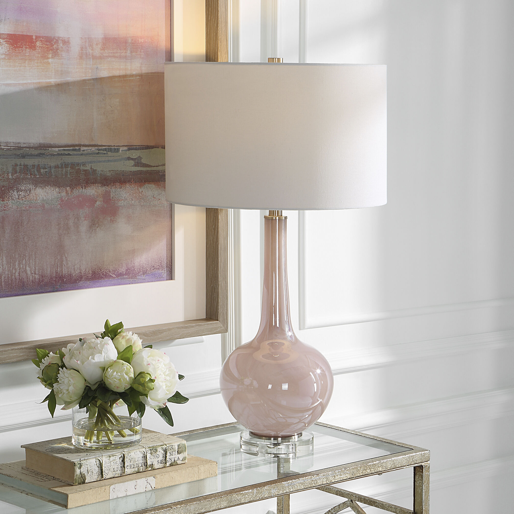 Rosa 29 inch 150.00 watt Blush Pink Glass with Brushed Nickel and Crystal Table Lamp Portable Light