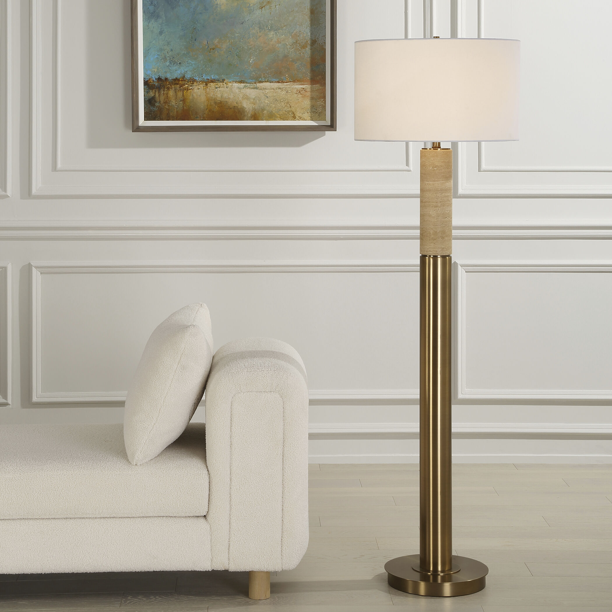 Knox 66 inch 150.00 watt Travertine and Antique Brass Floor Lamp Portable Light