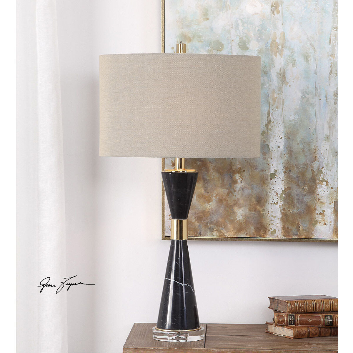 Alastair 30 inch 150 watt Black Marble with Plated Gold and Crystal Table Lamp Portable Light