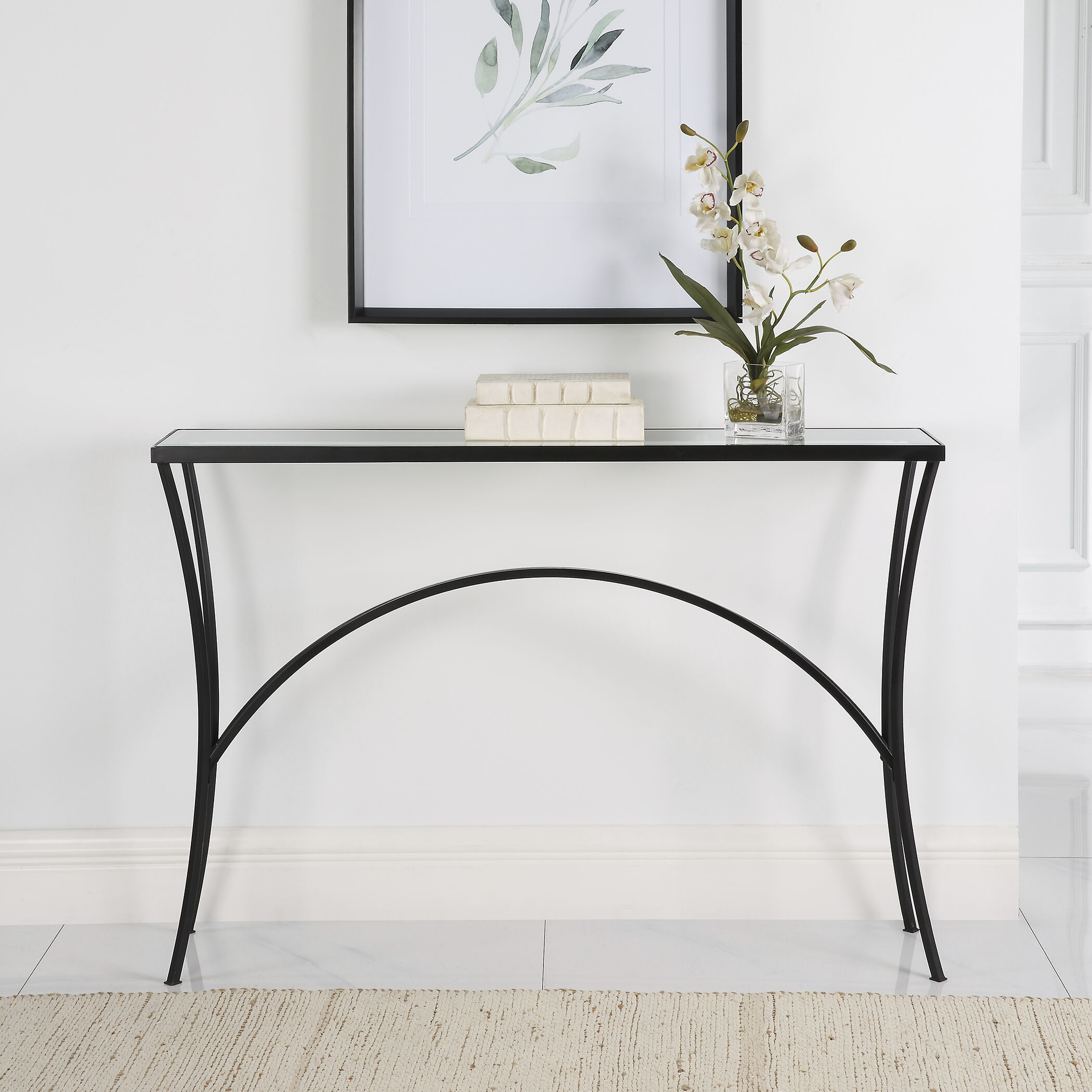 Iron and top glass console table