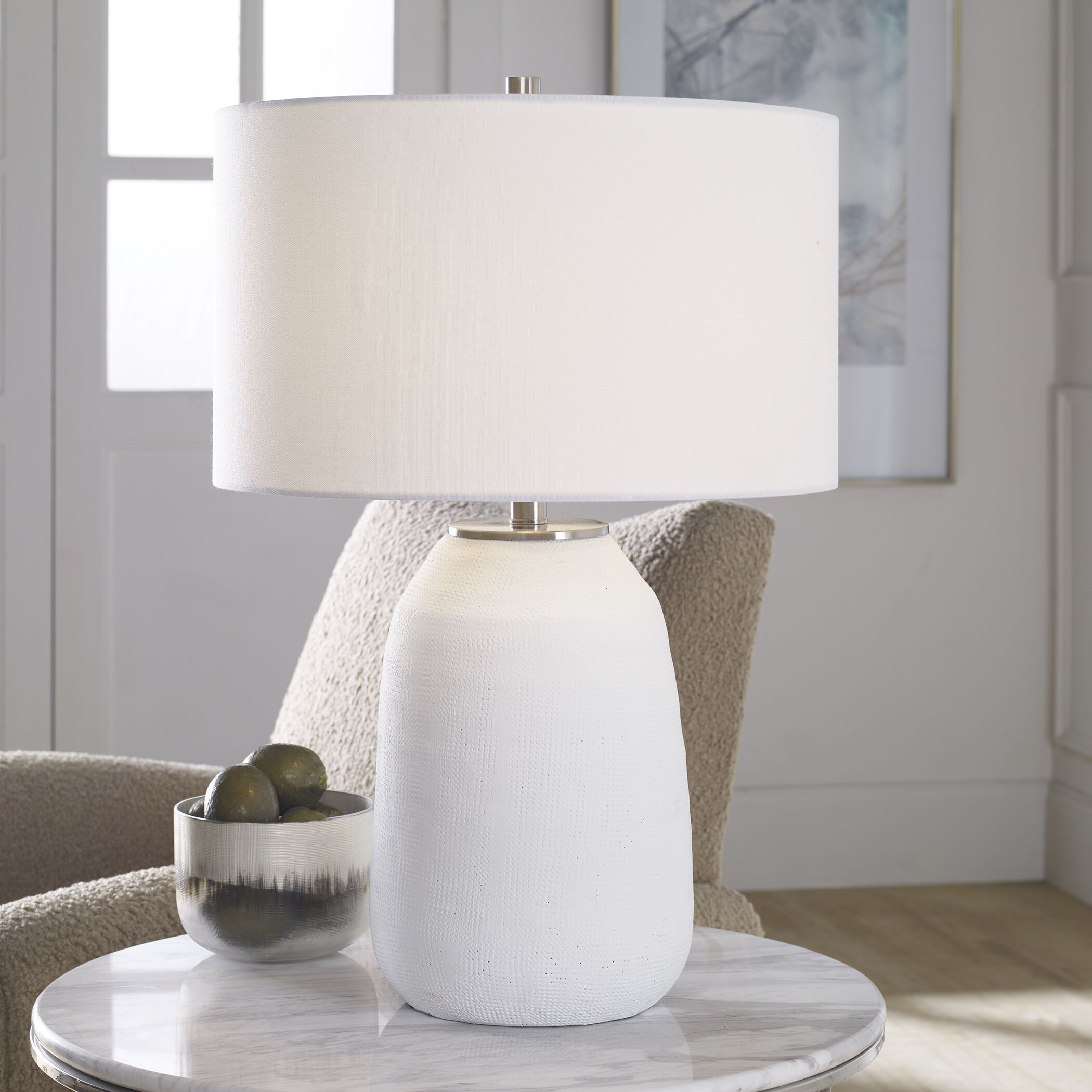 Heir 26 inch 150.00 watt Chalk White Matte and Brushed Nickel Table Lamp Portable Light