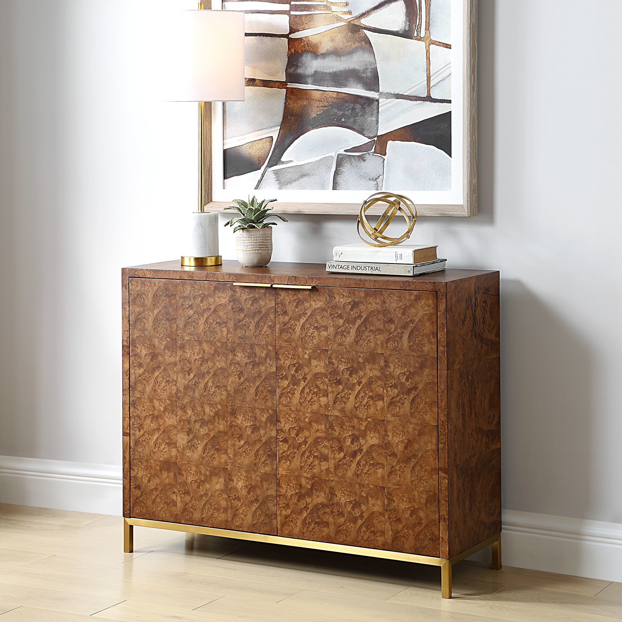 Jethro Burl Veneer and Gold 2 Door Cabinet