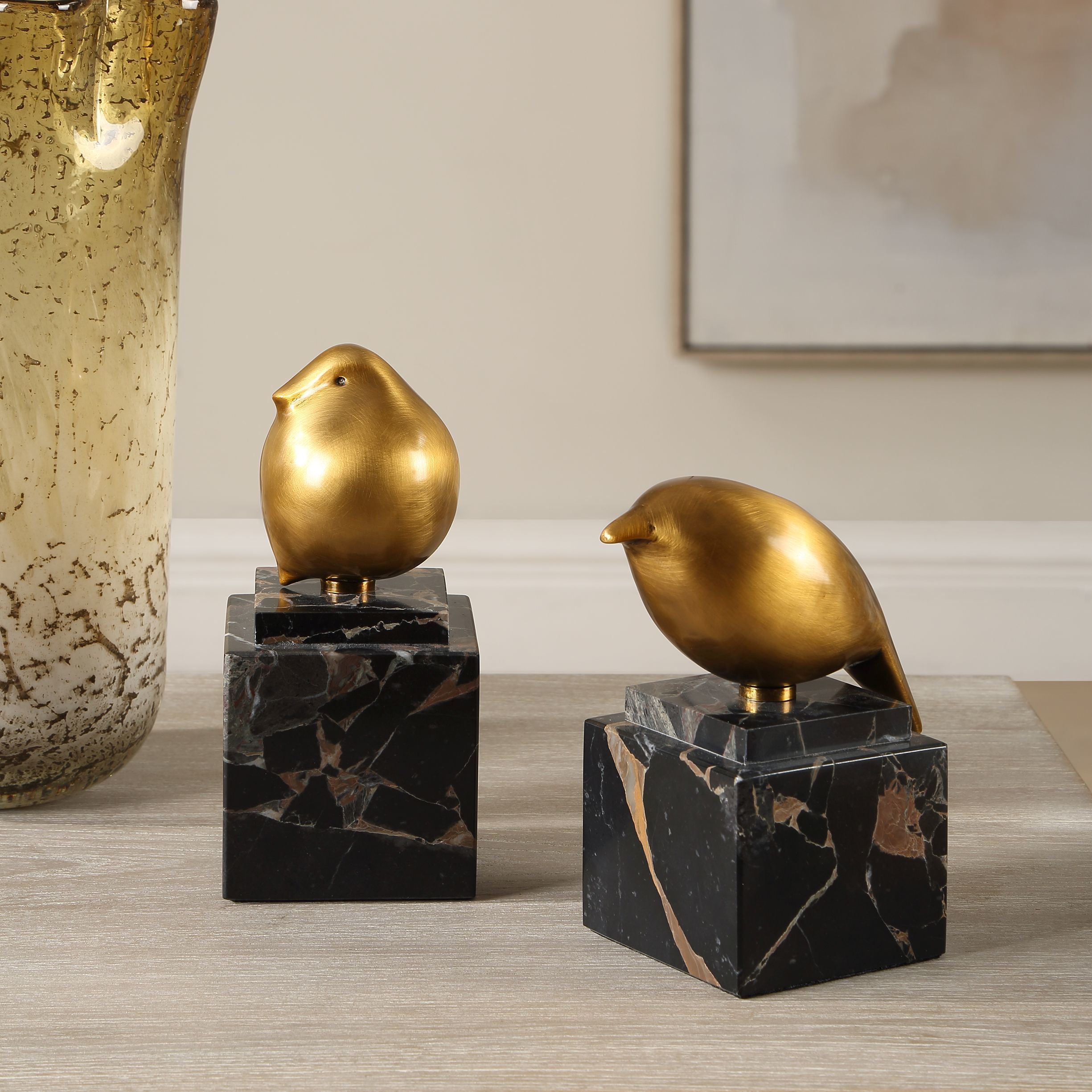 Golden Finch Brass and Black Marble Bird Figurines, Set of 2