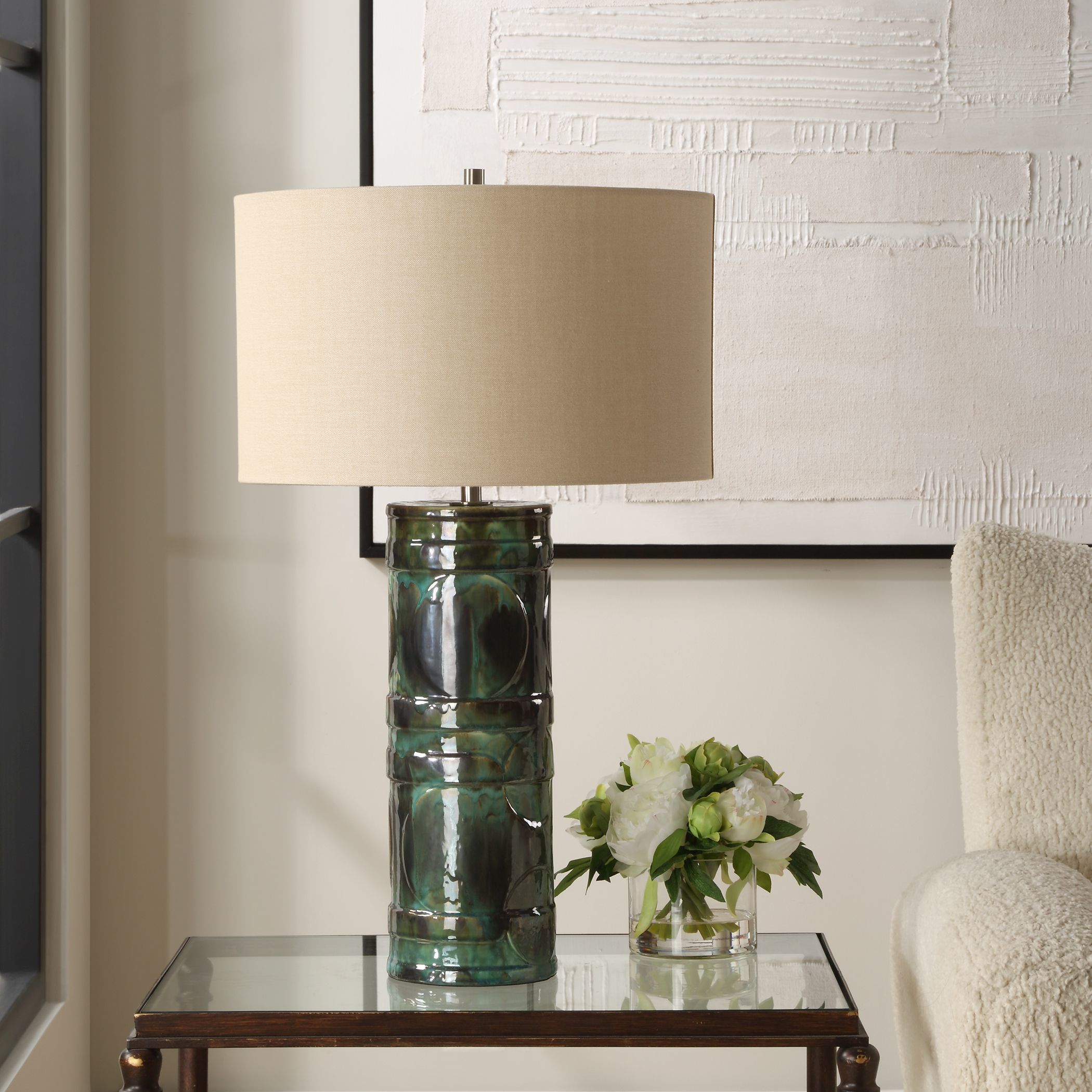 Loch 28.25 inch 150.00 watt Peacock Green And Slate Glaze and Brushed Nickel Table Lamp Portable Light