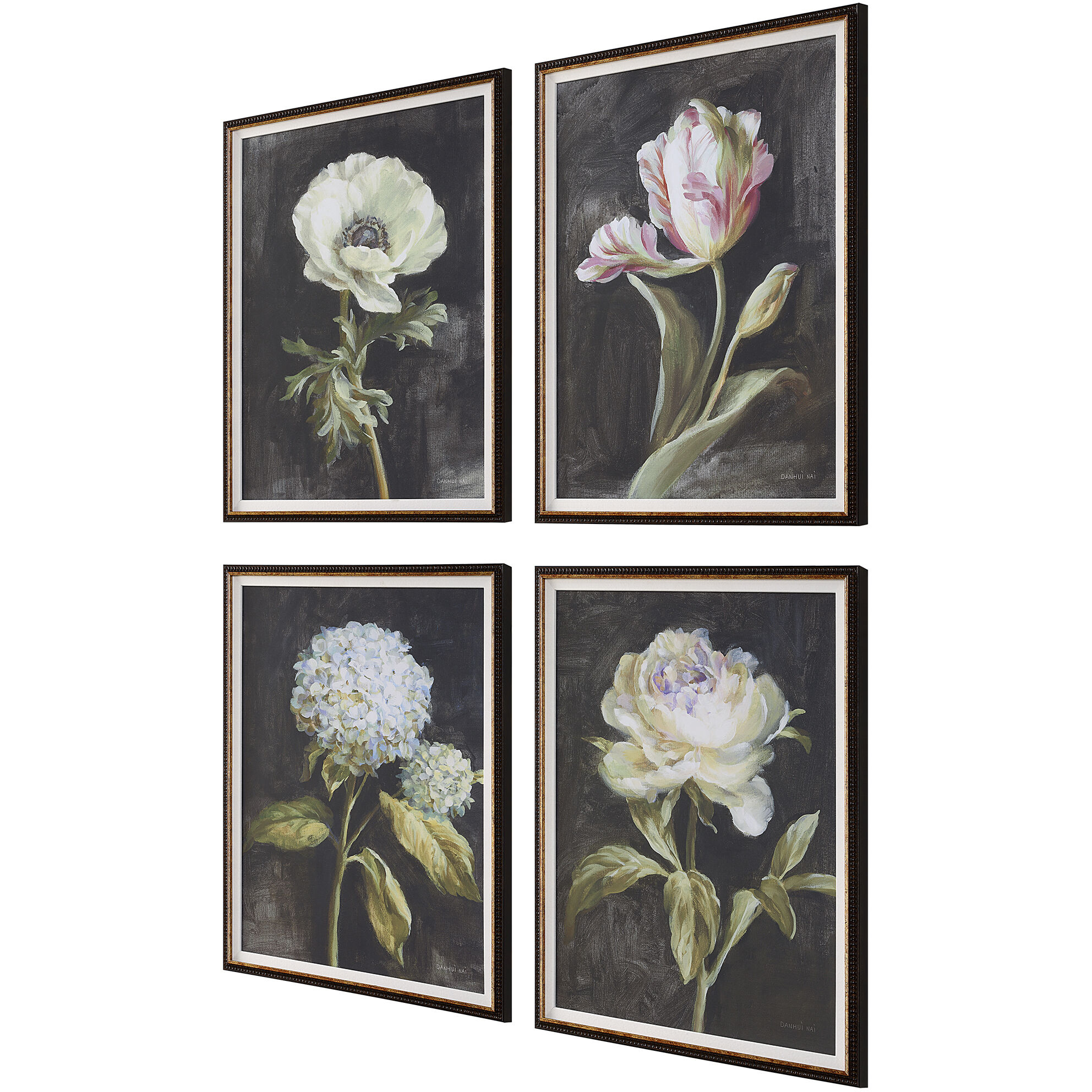 Florals On Black 26 X 20 inch Framed Prints, Set of 4