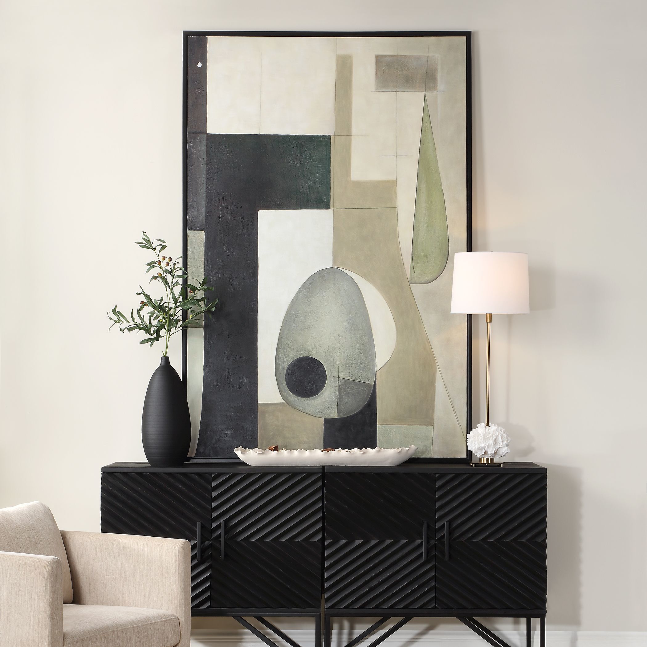 Fair Trade Soft Green and Beige and Pewter Geometric Abstract Art