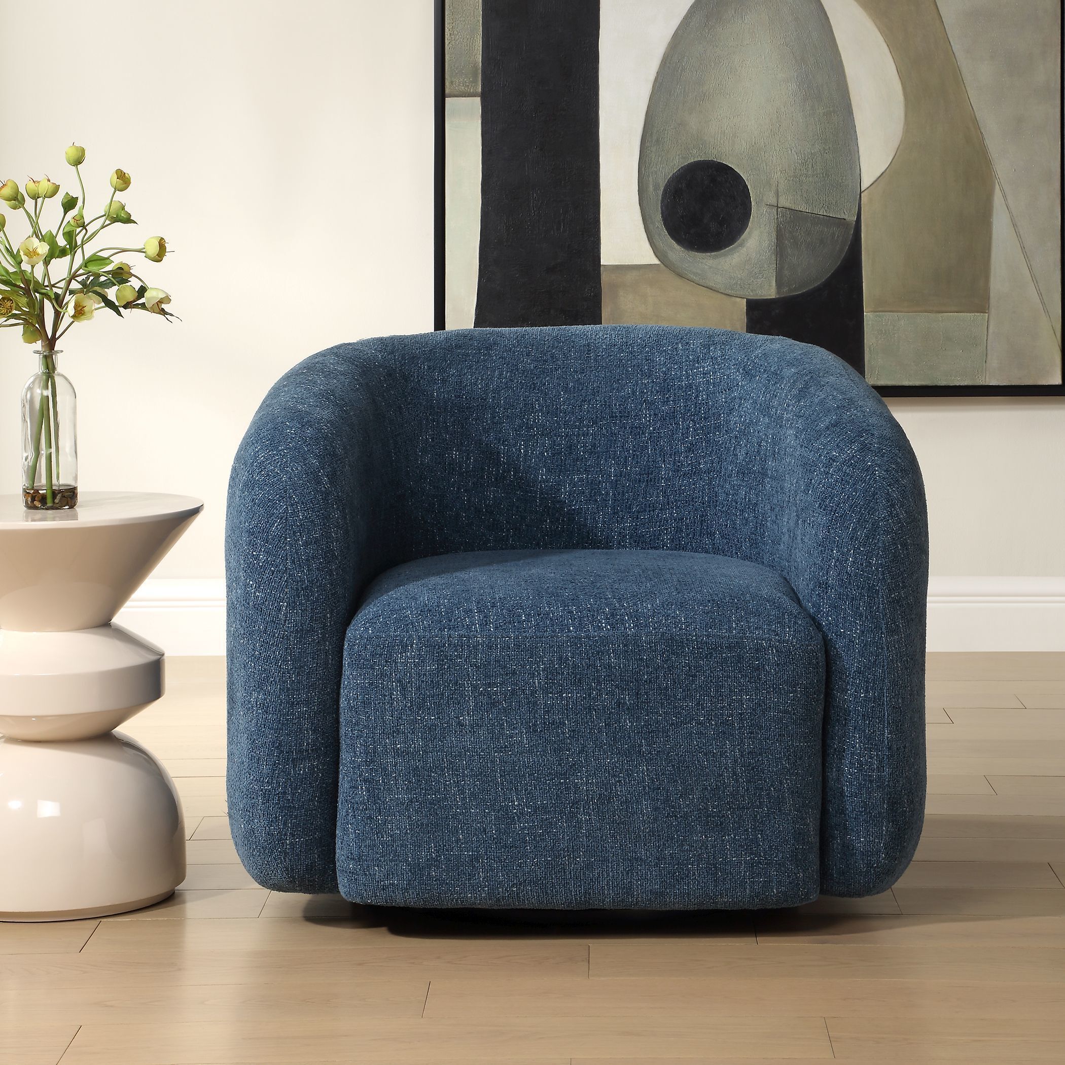 Junie Black and Blueberry Swivel Barrel Chair