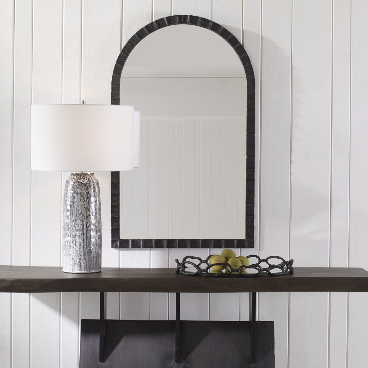 Dandridge 39 X 24 inch Distressed Matte Black with Silver Undertones Arch Wall Mirror