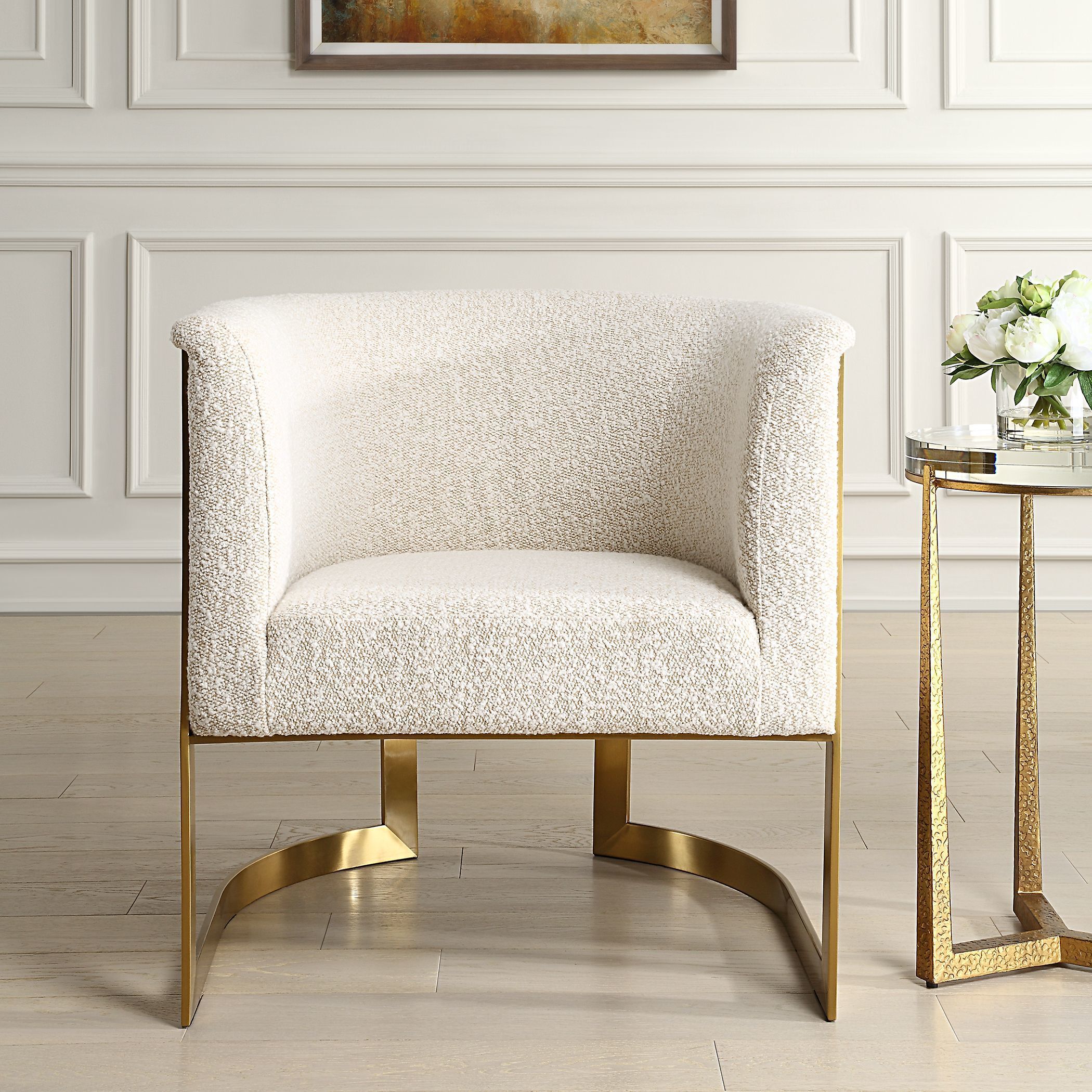 Bellina Brushed Gold and Driftwood Tan Boucle Barrel Chair