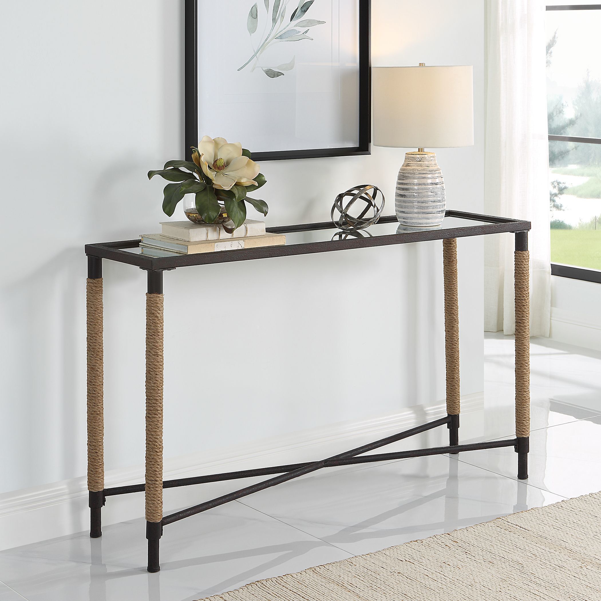 Braddock 52 inch Rustic Iron and Natural Fiber Rope Console Table