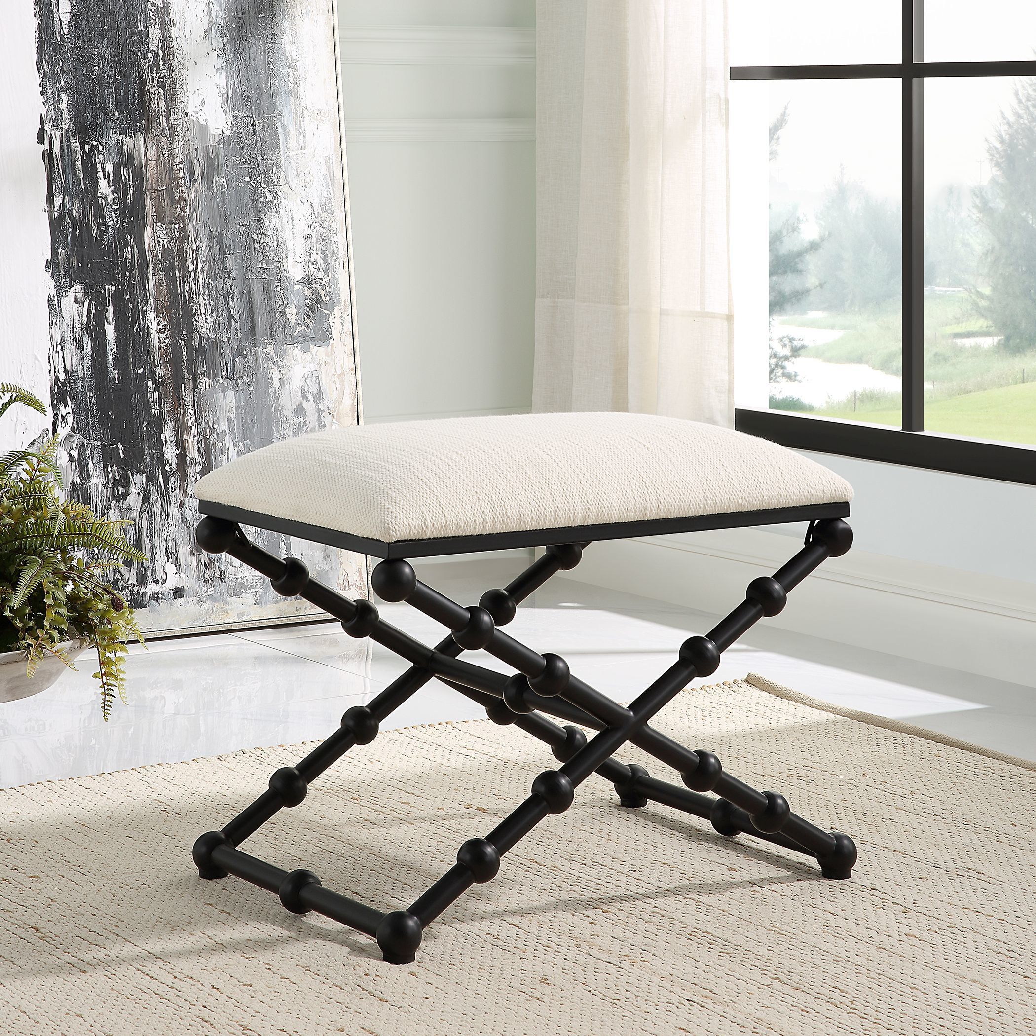Iron Satin Black with White Textured Polyester Bench