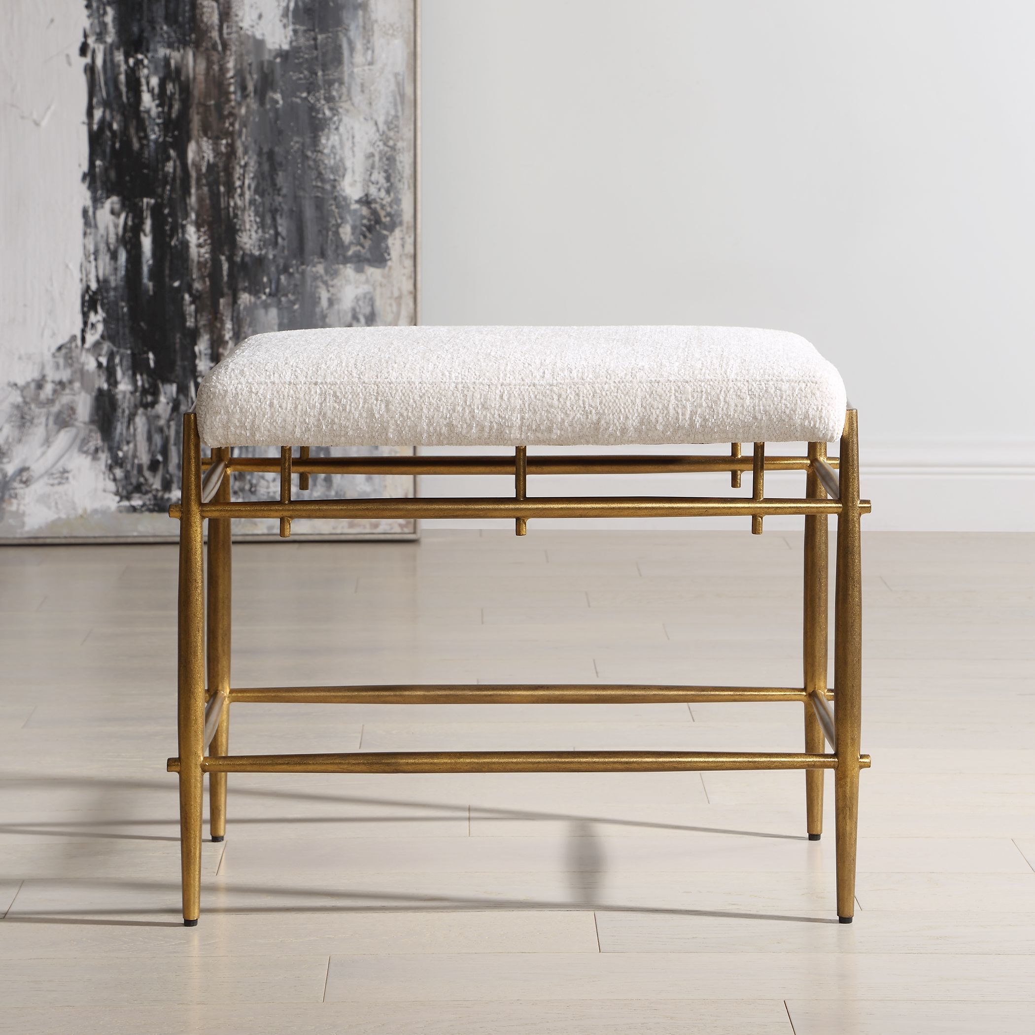 Karleen Antique Brass and Ivory Chenille Bench