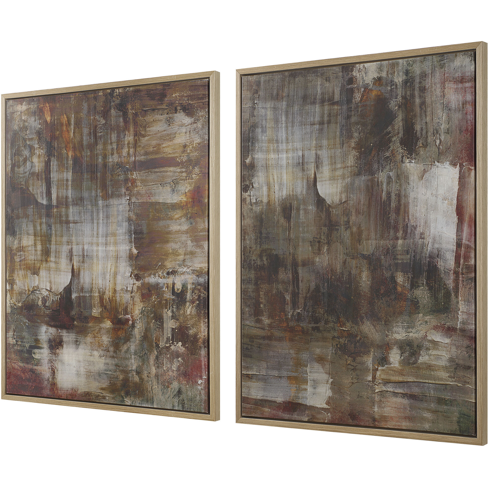 Molten Patina Earth Tones and Light Oak Framed Canvases, Set of 2