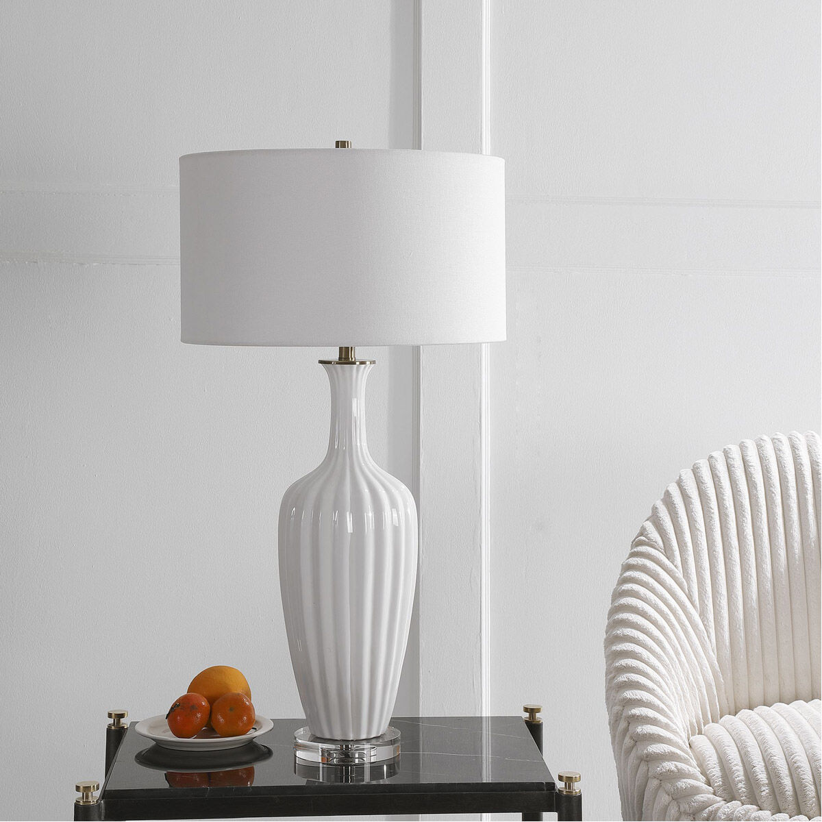 Strauss 32 inch 150.00 watt Gloss White Glaze with Brushed Brass Details Table Lamp Portable Light