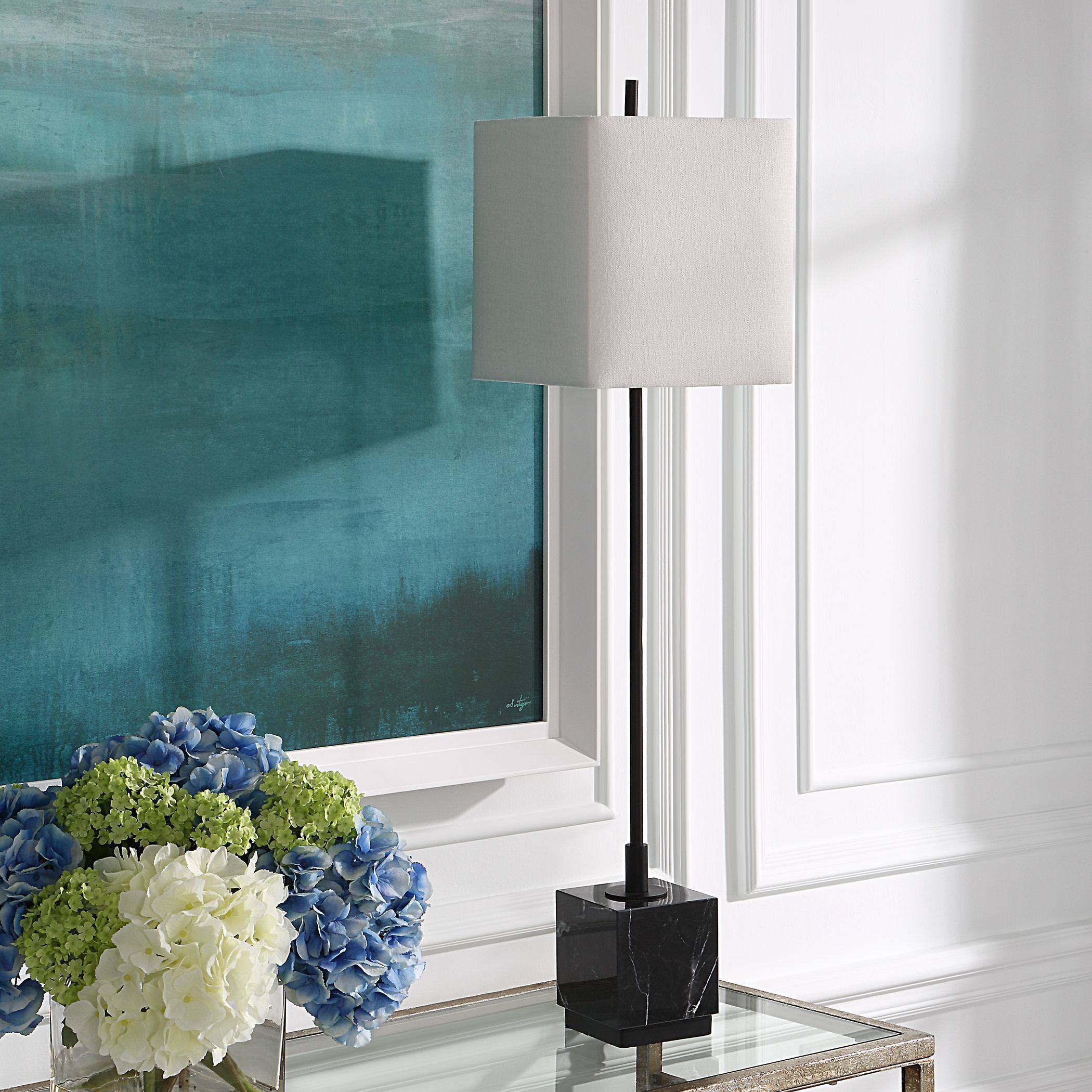 Escort 37 inch 100.00 watt Satin Black and Black Marble Buffet Lamp Portable Light