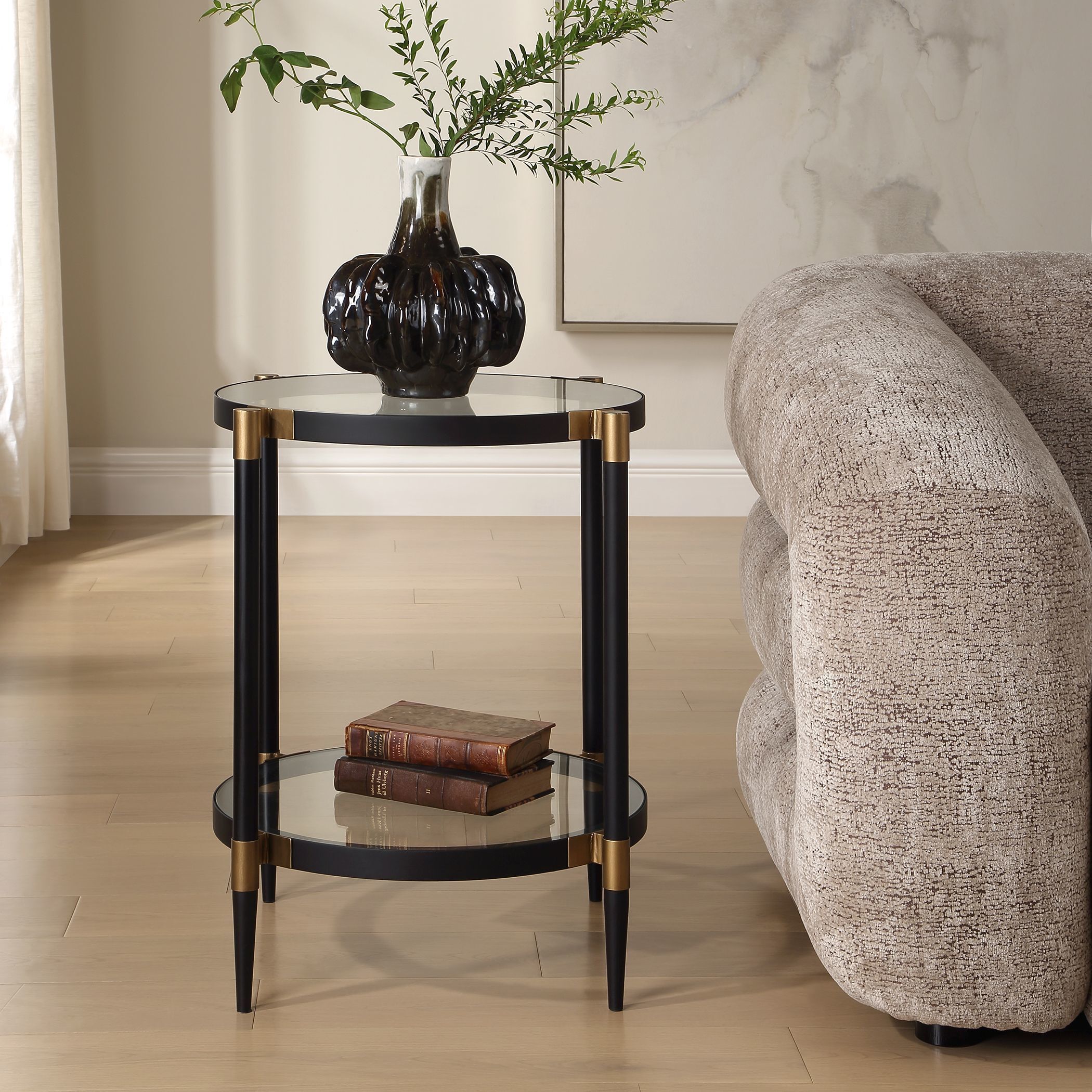 Chadid 23.75 X 21.75 inch Black and Gold with Glass Side Table