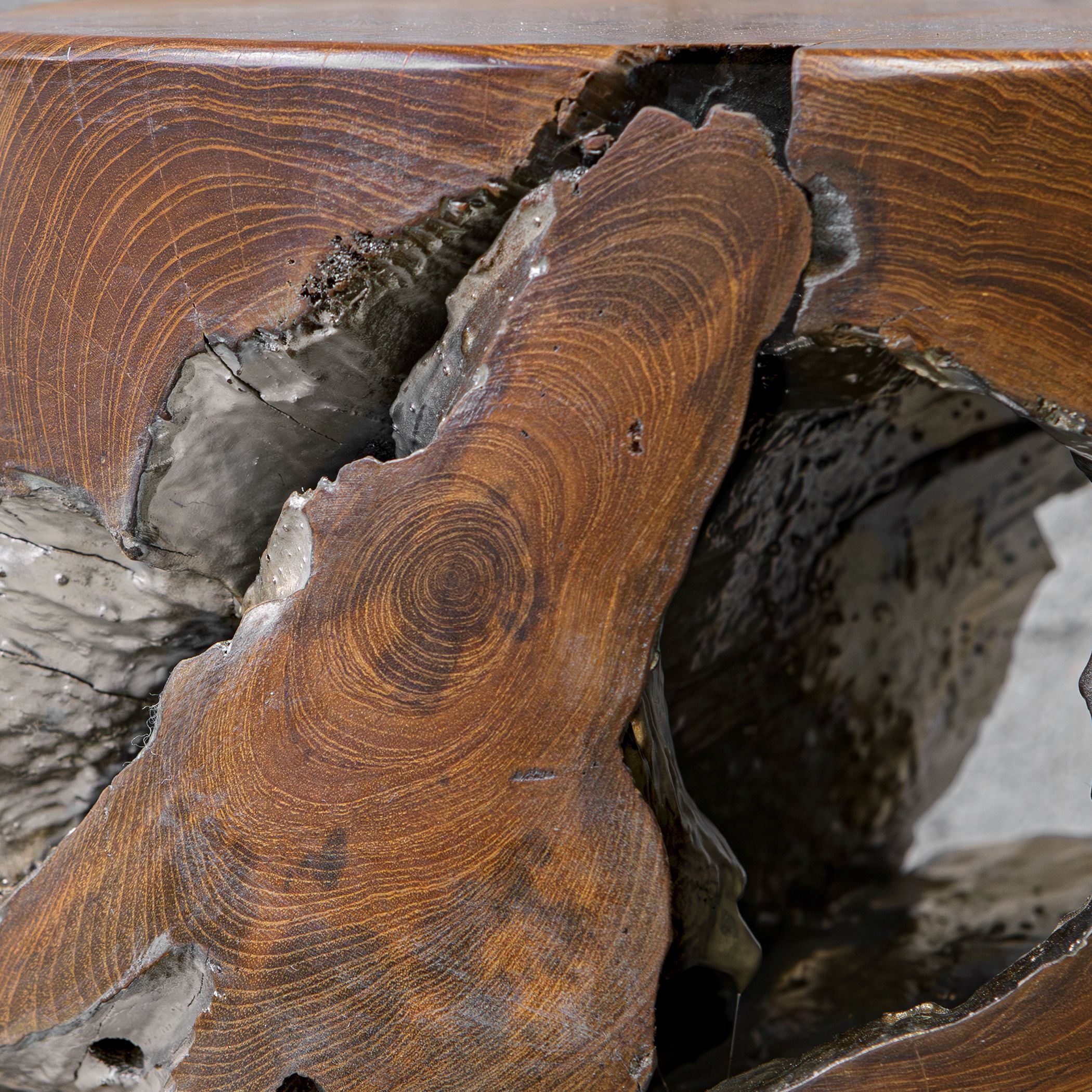 Rafe 18 inch Antique Silver and Natural Teak Accent Stool