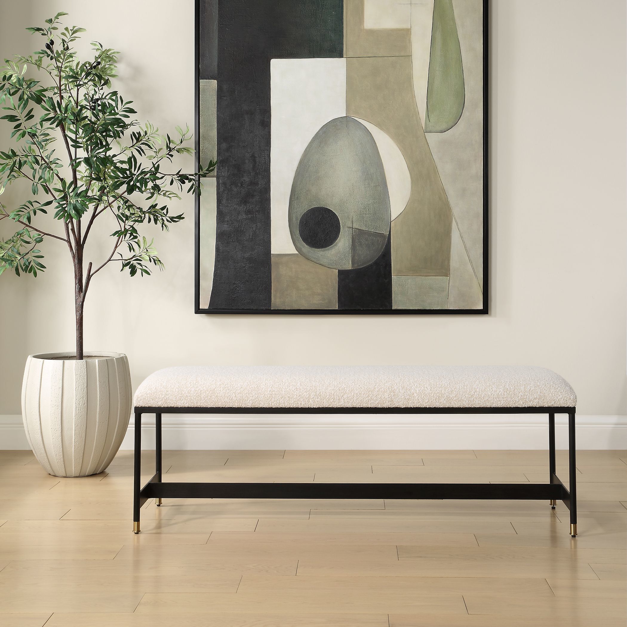 Halston Matte Black and Off-White with Brushed Brass Bench