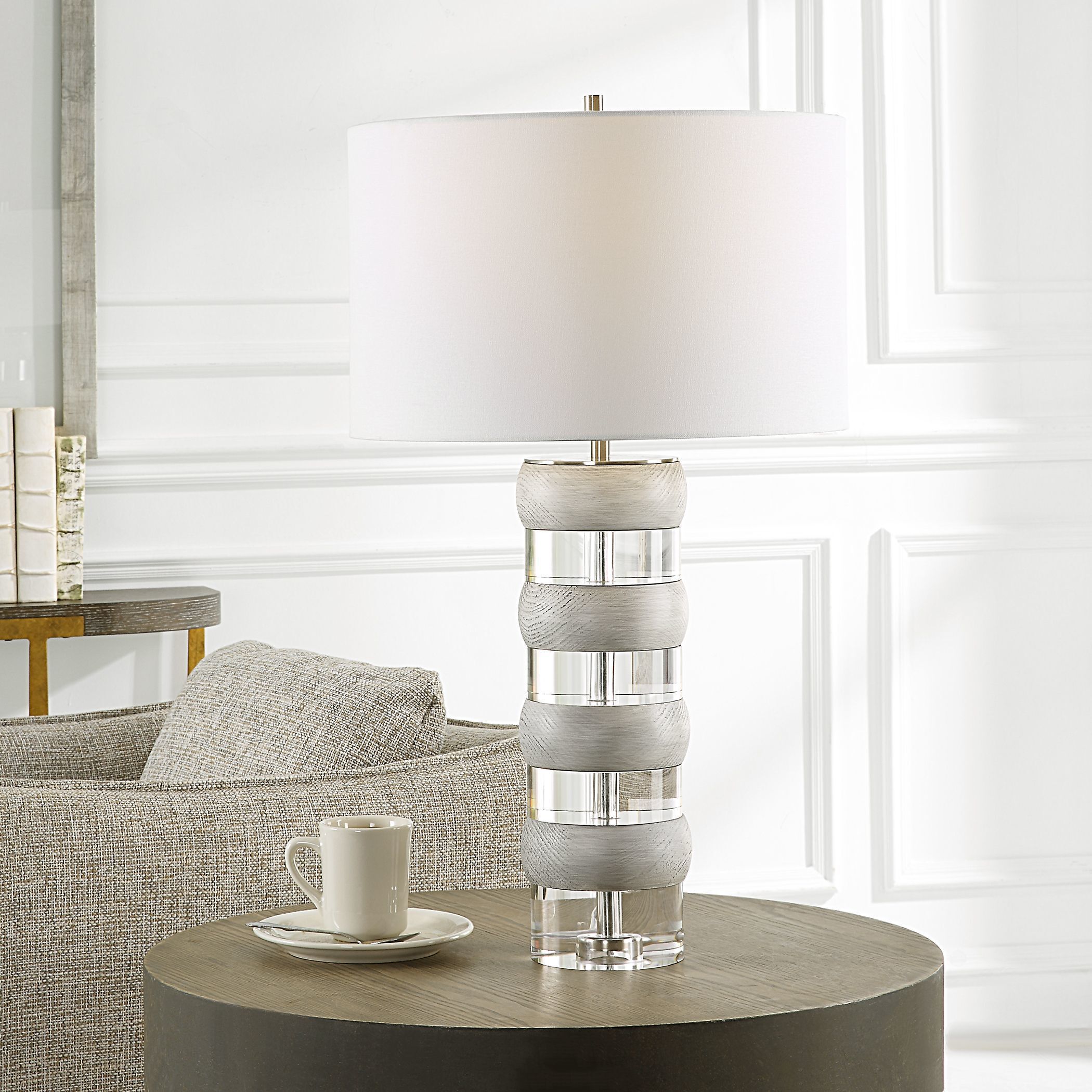 Band Together 28 inch 150 watt Crystal And Bleached Wood with Brushed Nickel Table Lamp Portable Light