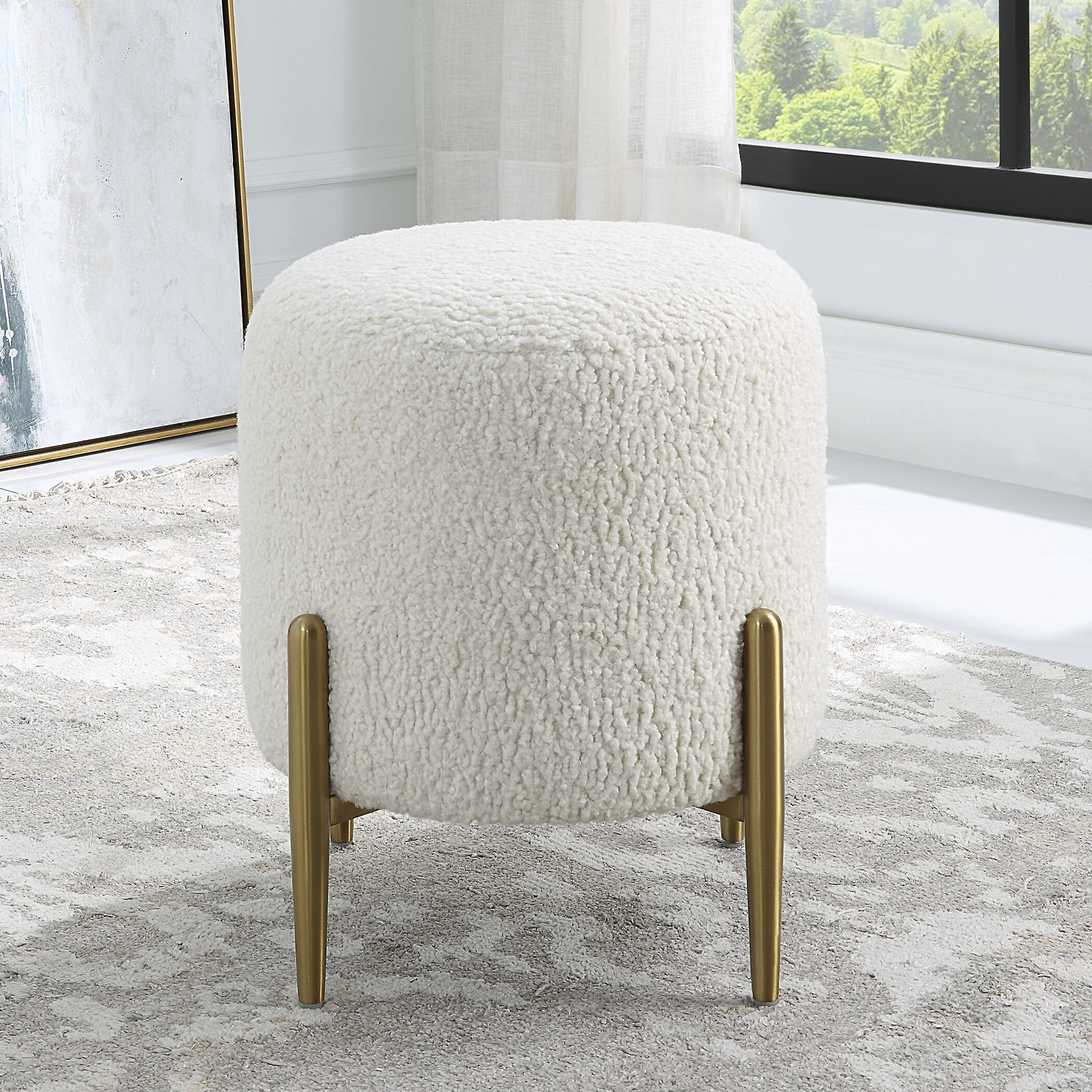 Arles 18 inch White Faux Shearling and Brushed Brass Ottoman