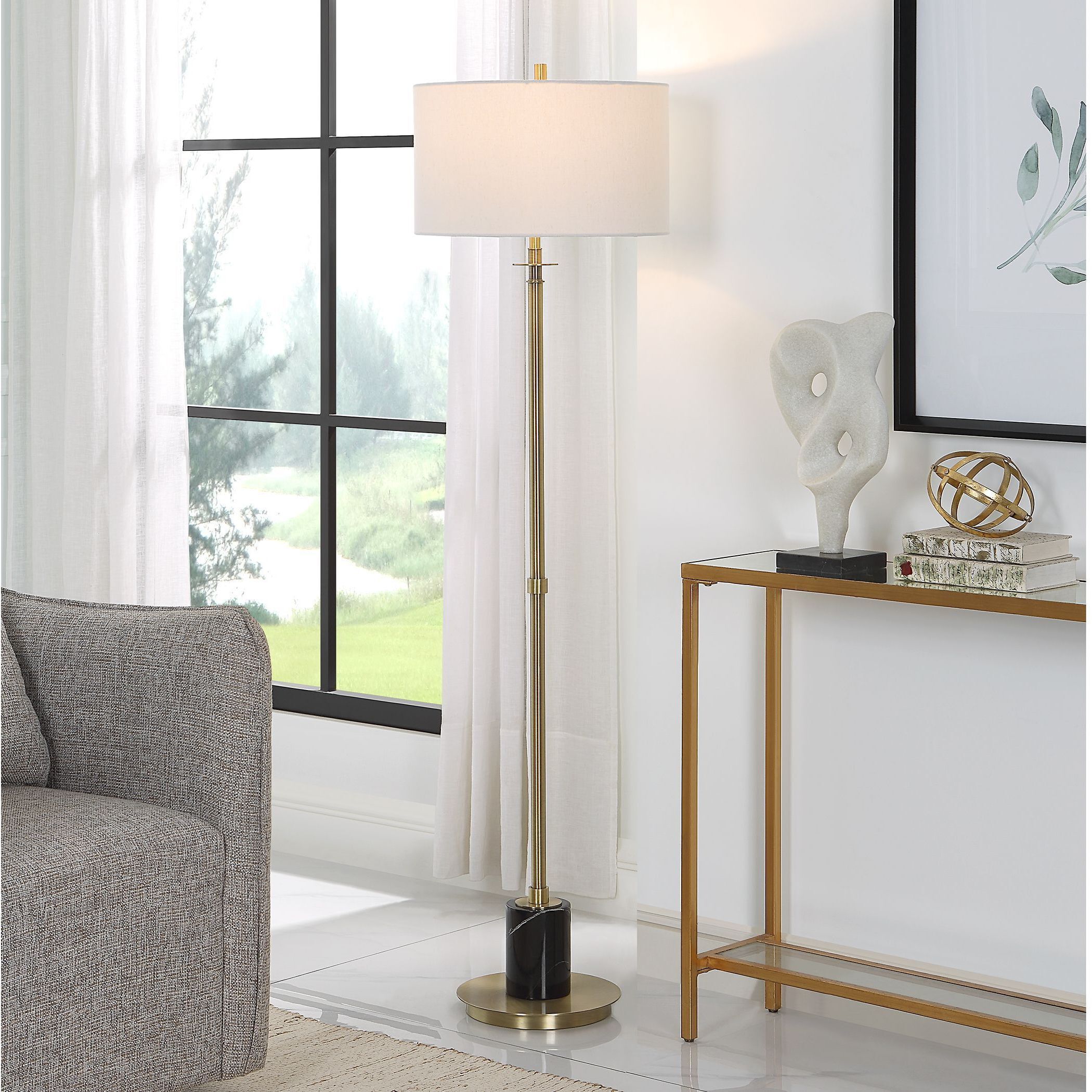Guard 65 inch 150.00 watt Antiqued Plated Brass and Black Marble Floor Lamp Portable Light