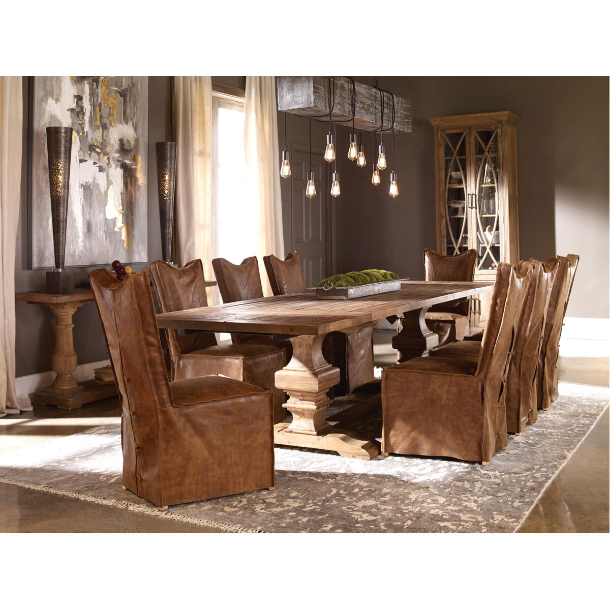 Delroy Distressed Hand-Sanded Cognac Nubuck Leather Armless Chairs, Set of 2