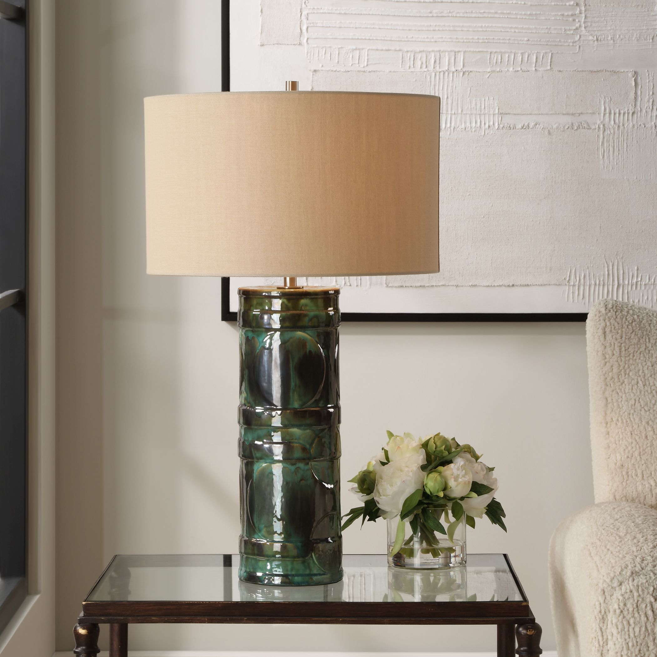 Loch 28.25 inch 150.00 watt Peacock Green And Slate Glaze and Brushed Nickel Table Lamp Portable Light