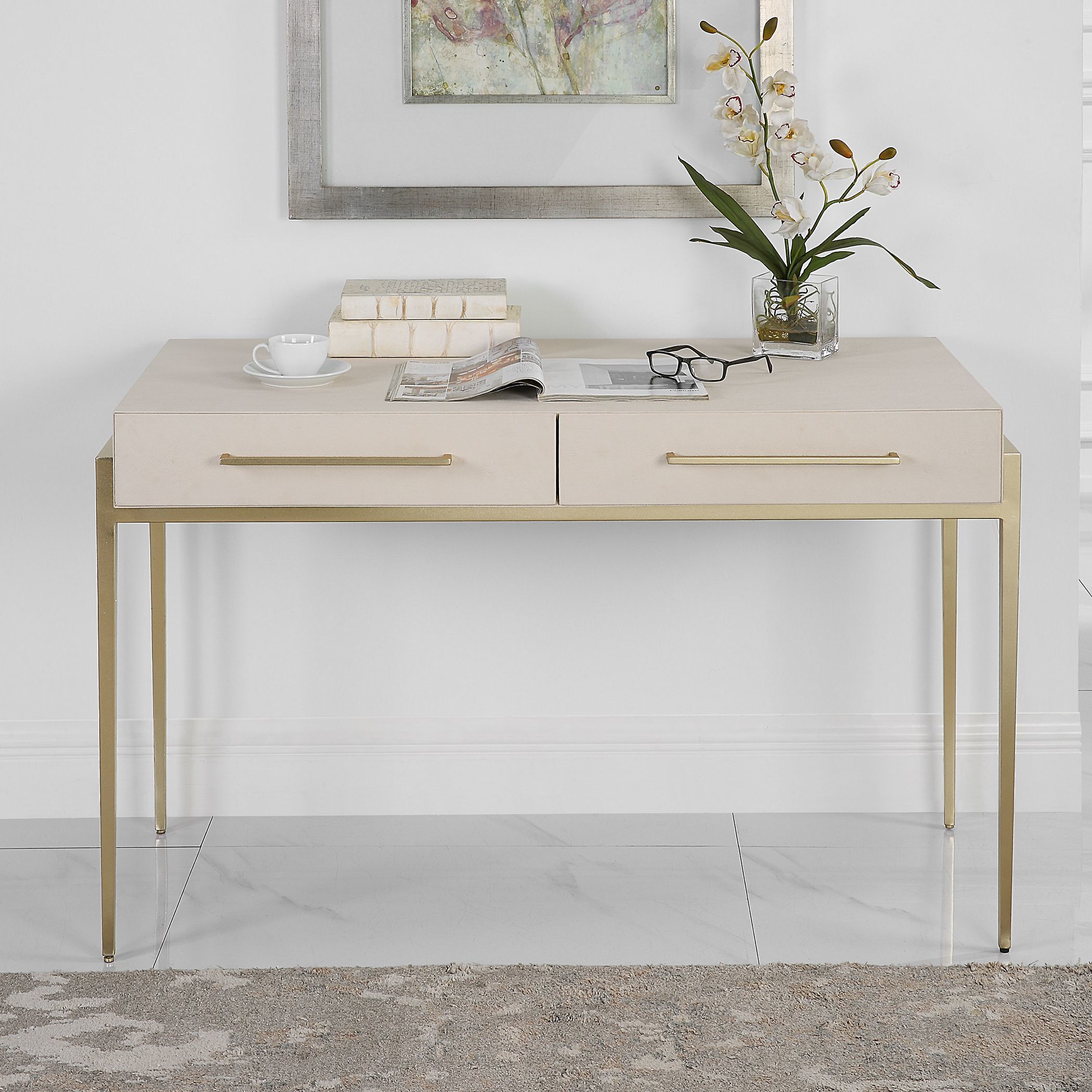 Jewel 48 inch White Faux Shagreen and Gold Leaf Desk