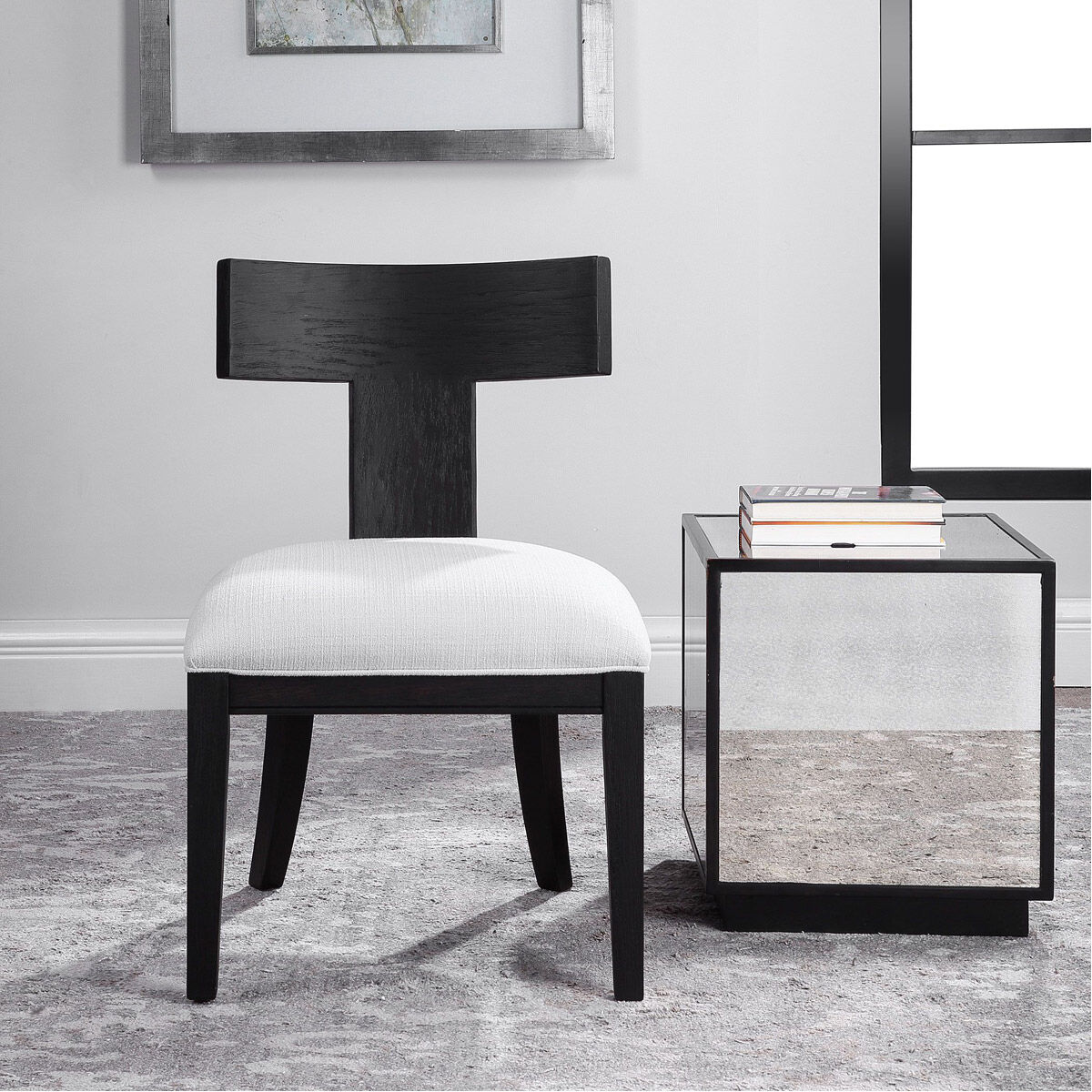 Idris Charcoal Black Stain and White Fabric Armless Chair