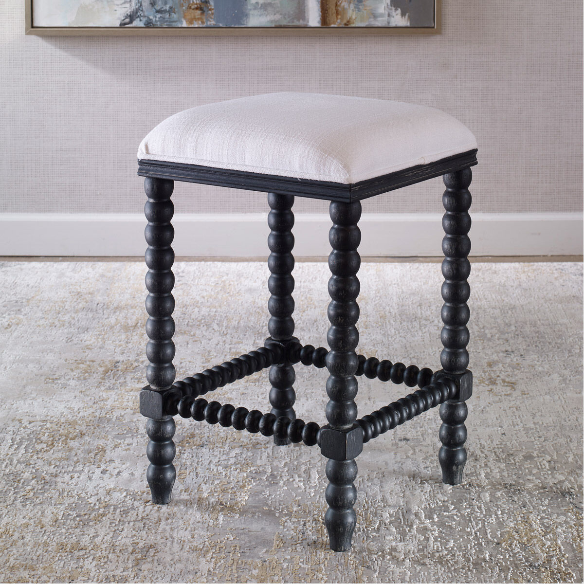 Pryce 26 inch Black Ceruse Stain and White Fabric Counter Stool