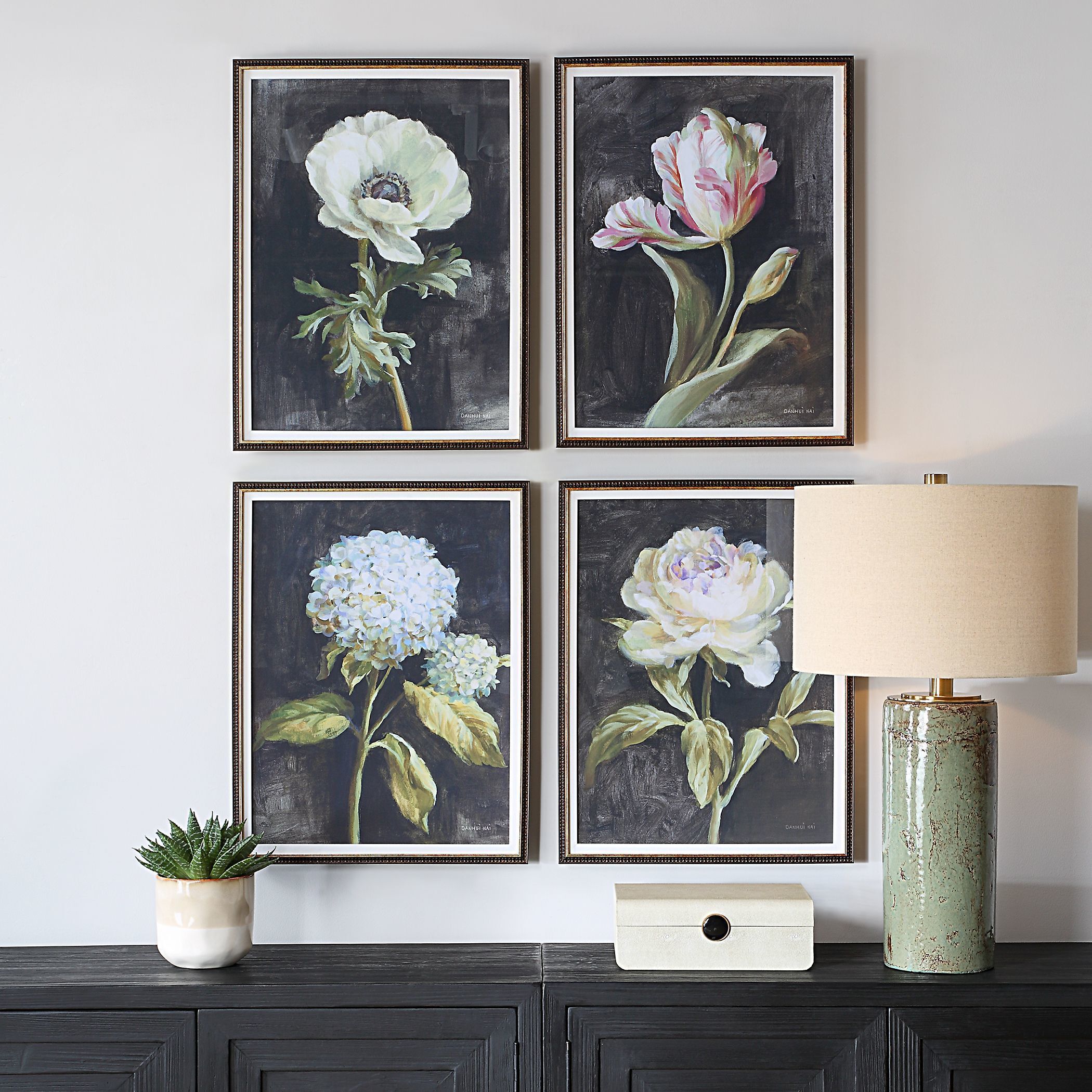 Florals On Black 26 X 20 inch Framed Prints, Set of 4