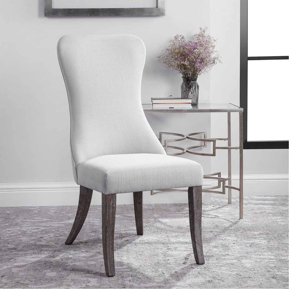 Caledonia White Fabric and Dark Walnut with Light Gray Wash Armless Chair