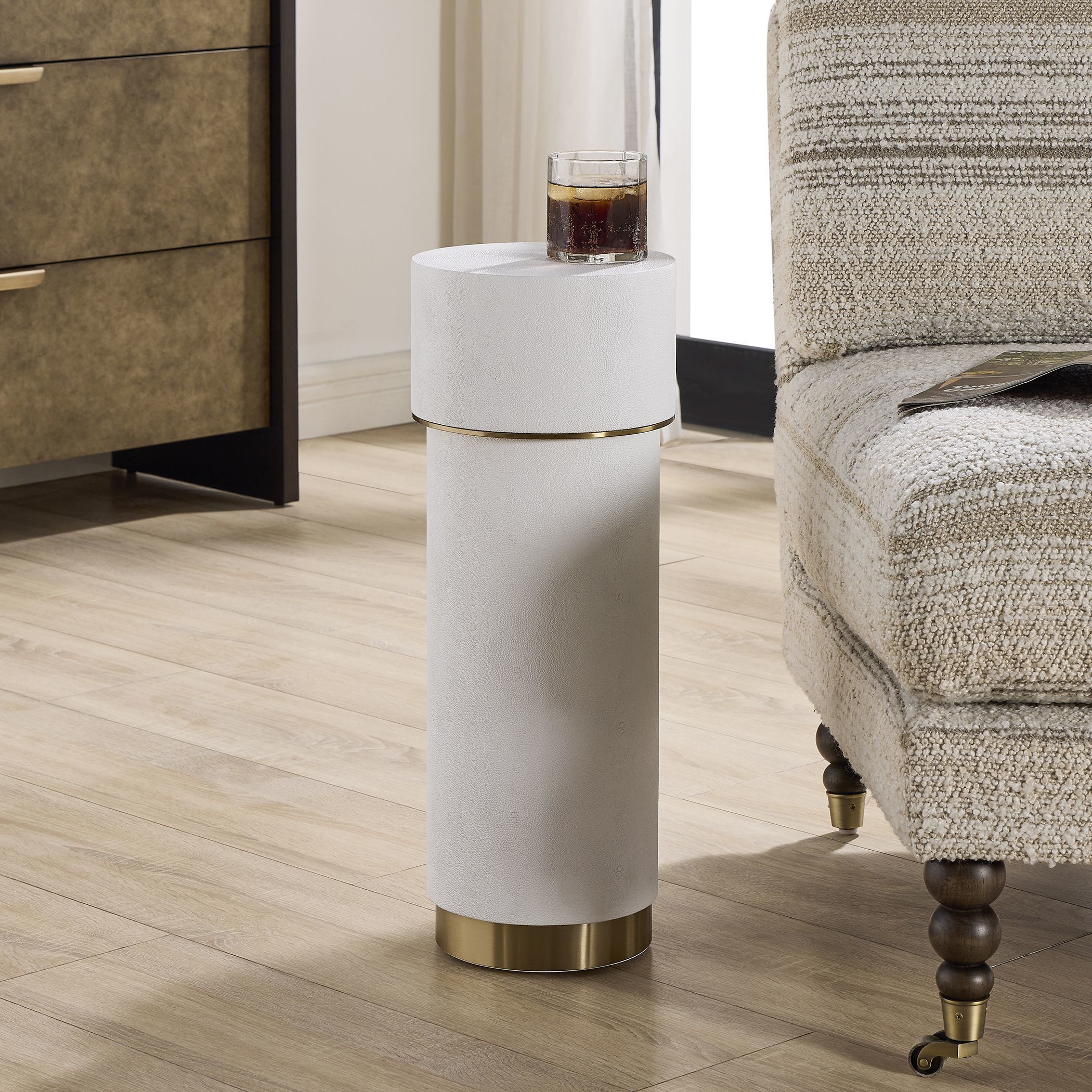 Wessex 22.5 X 8.5 inch White Faux Shagreen and Brushed Brass Drink Table