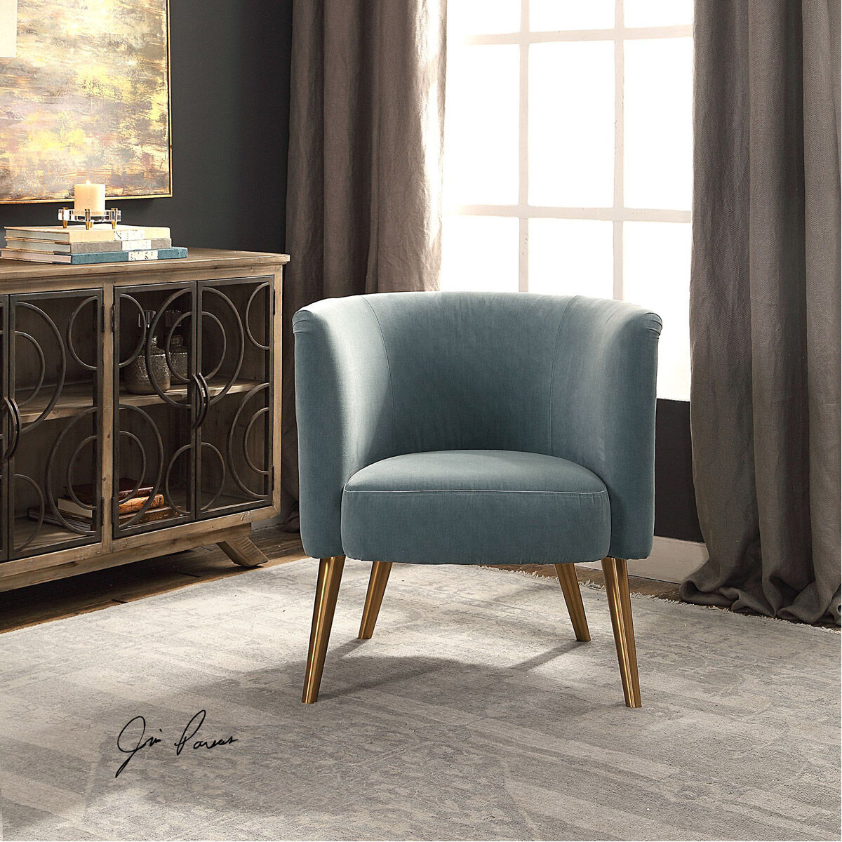 Haider Steel Gray and Brushed Brass Accent Chair
