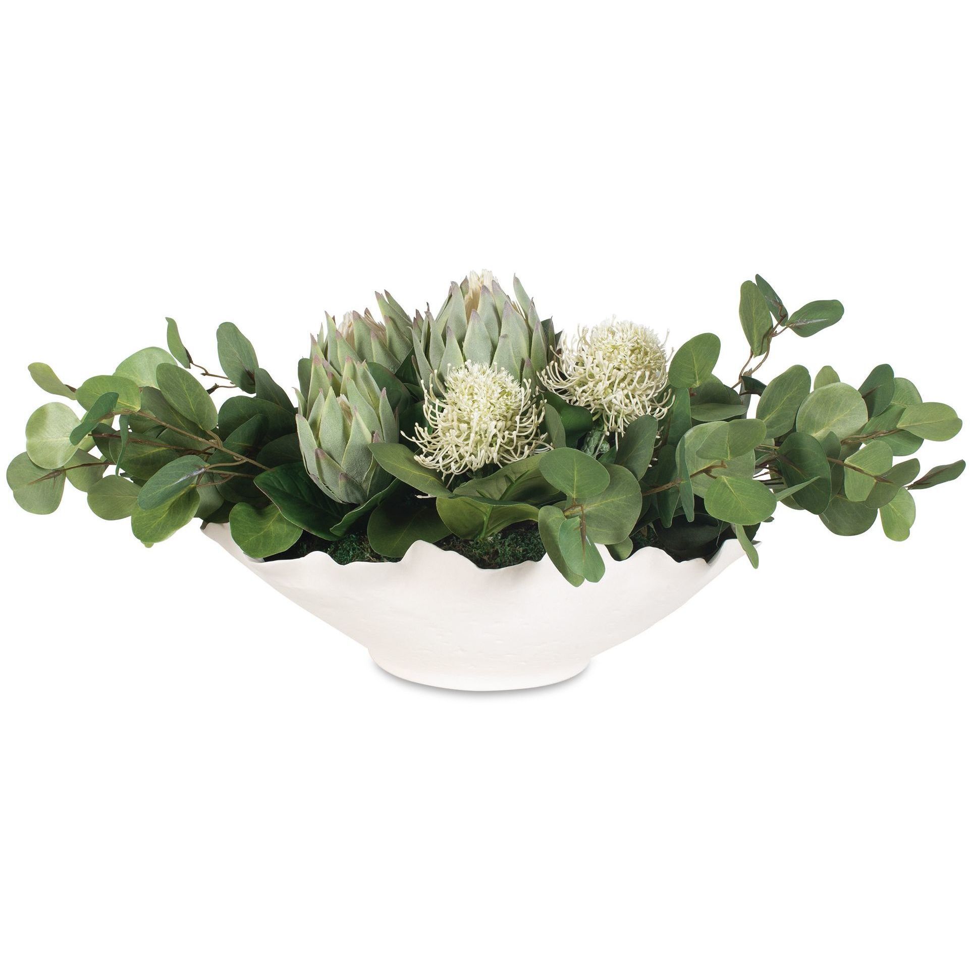 Protea Blooms Off-White and Green Bowl Centerpiece