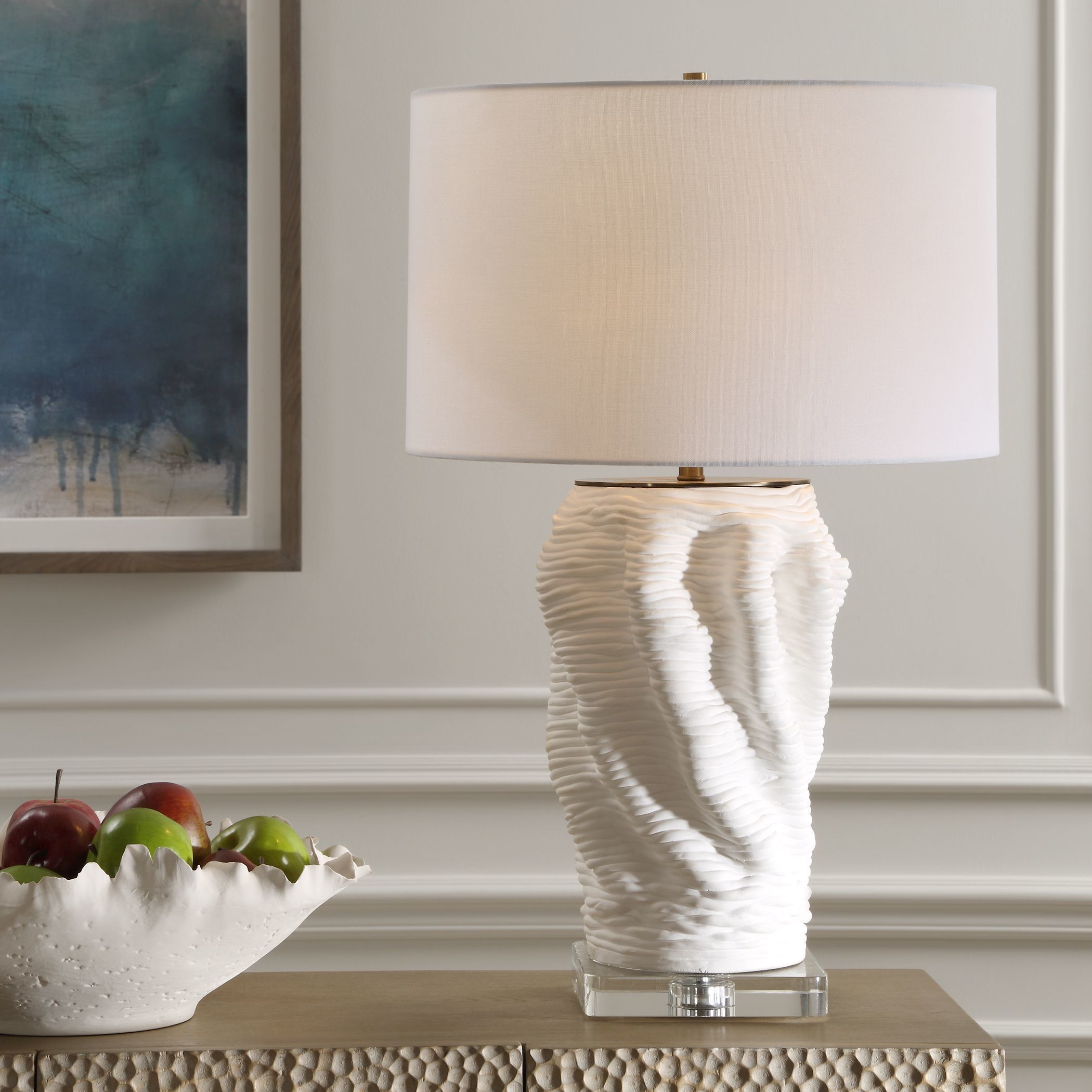 Stratified 28 inch 150.00 watt Matte White Glaze with Brass and Crystal Table Lamp Portable Light